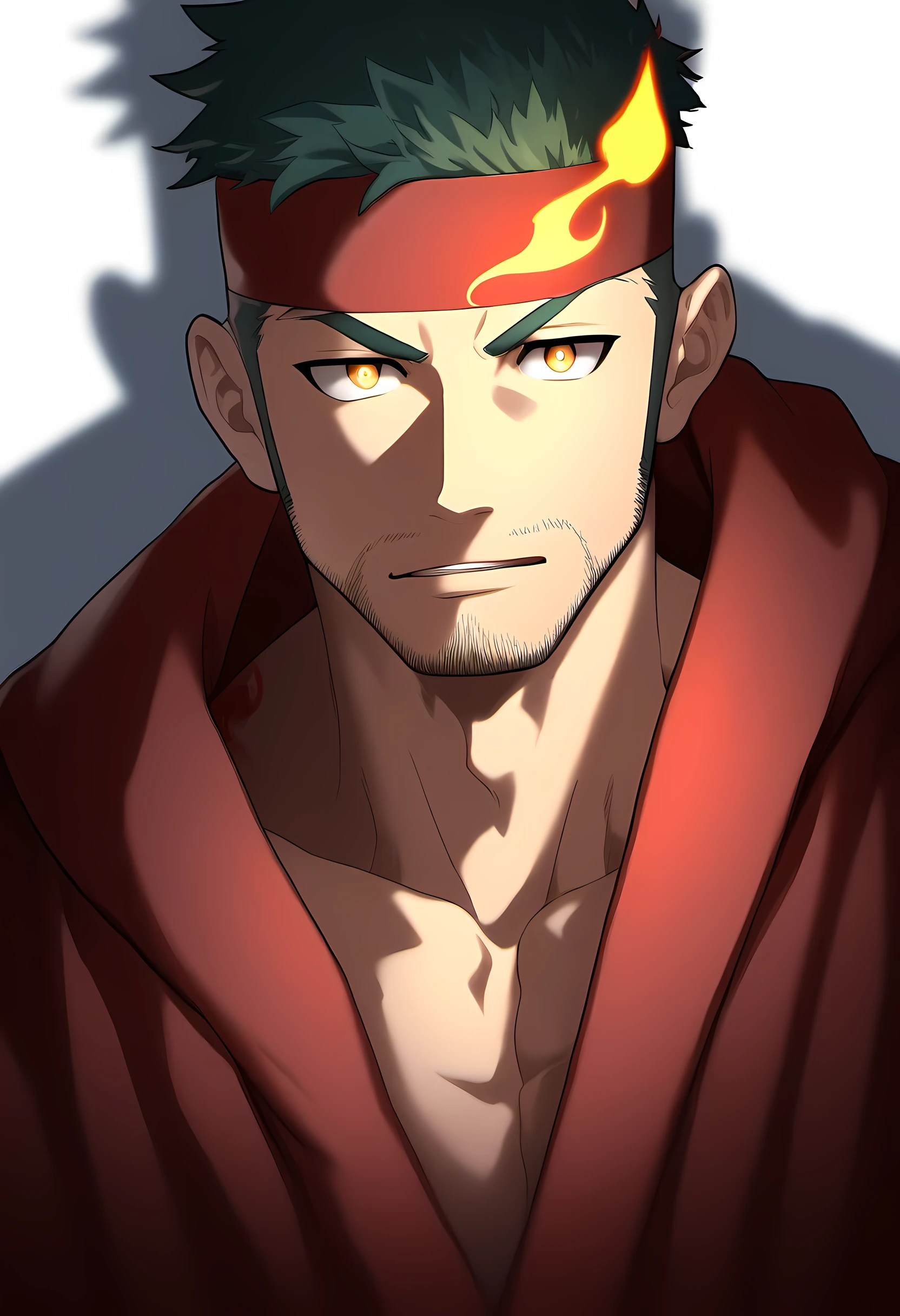 anime characters：Guy, Priapus, 1 muscular man god, Flame tattoo, Sport red headband, Priestly robes, muscular male, muscular, only, Upper body, alone, short black hair, thick eyebrows, stubble, yellow eyes, White background, simple background, amazing quality, best aesthetics, Ridiculous, bright pupils, short hair, naughty face, torogao, open lips, divine light, chiaroscuro, shadow, best quality