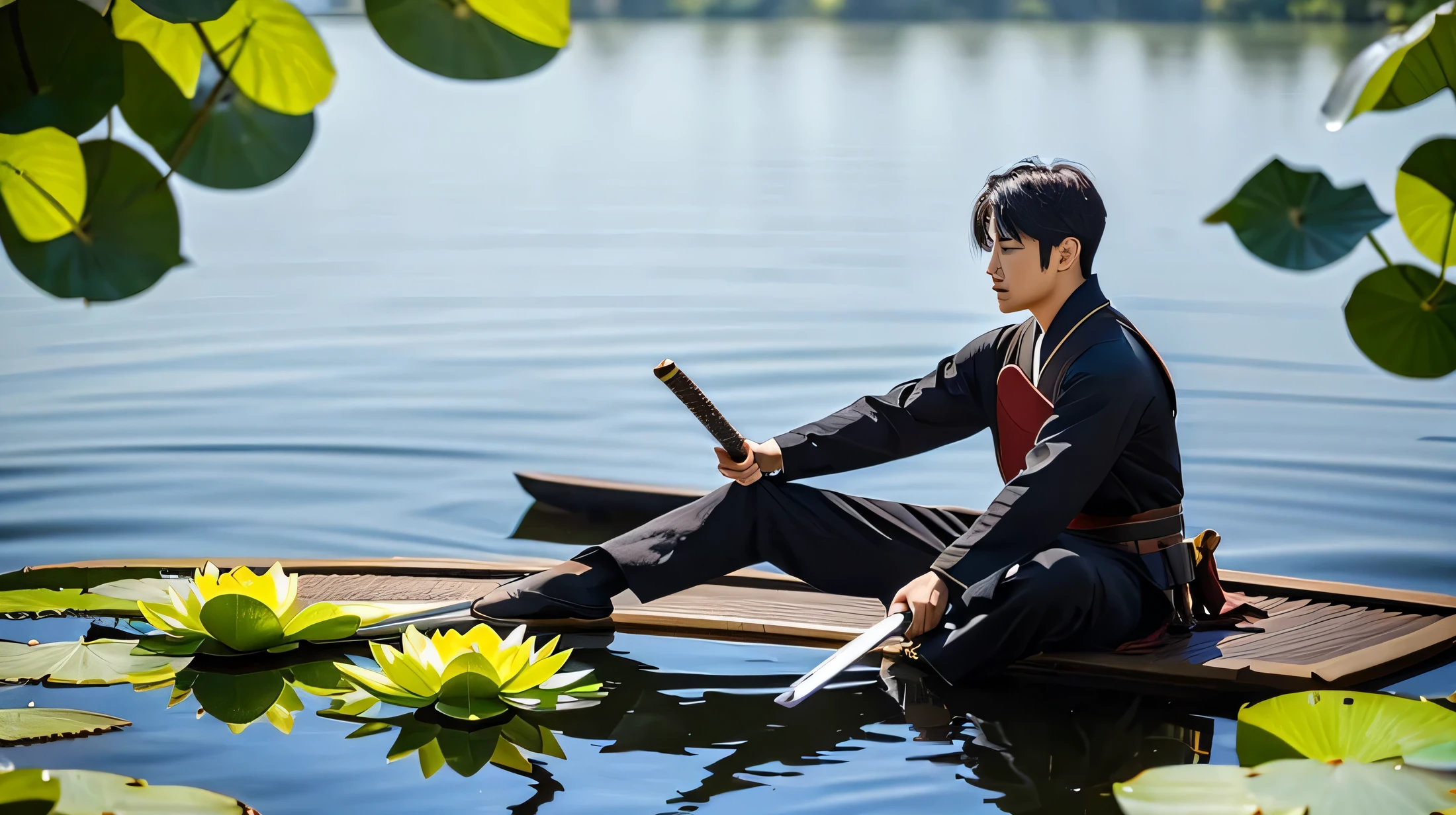 there is a man who is sitting on a big lotus middle of the lake with beautiful background of nature containing trees, the sky is calm and the man is attractive, peaceful and charming with japanese warrior costume, posing with the japanese sword .