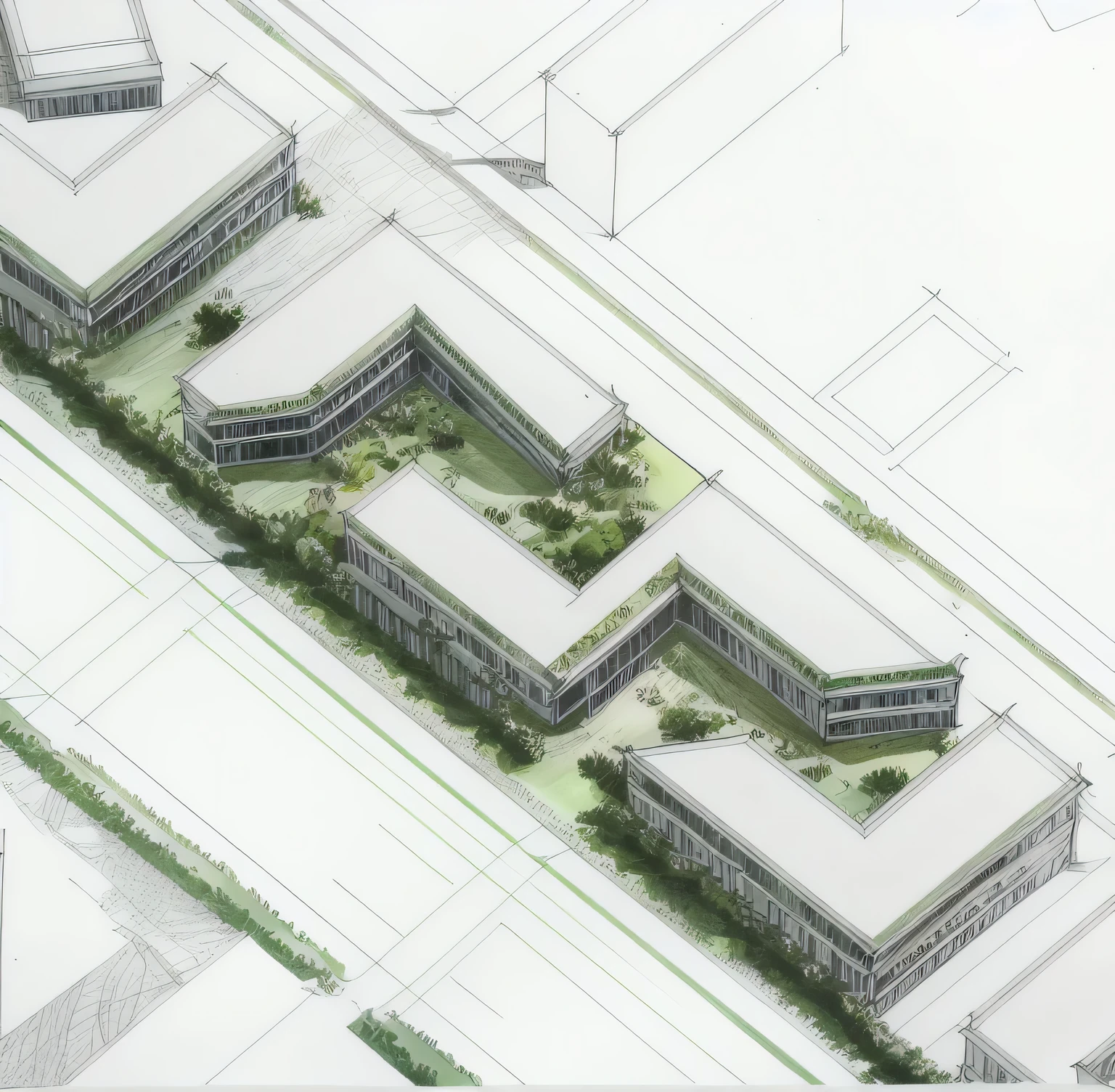 a close-up of a drawing of a building with many trees, isometric perspective view, 2D axonometry aerial view, More detailed illustration, Isometric view, detailed digital illustration, hq muito detalhado, axonometria, hyperdetailed illustration, complexo e detalhado, extremely high level of detail, architectural illustration, architectural rendering, highly detailed illustration, detailed rendering