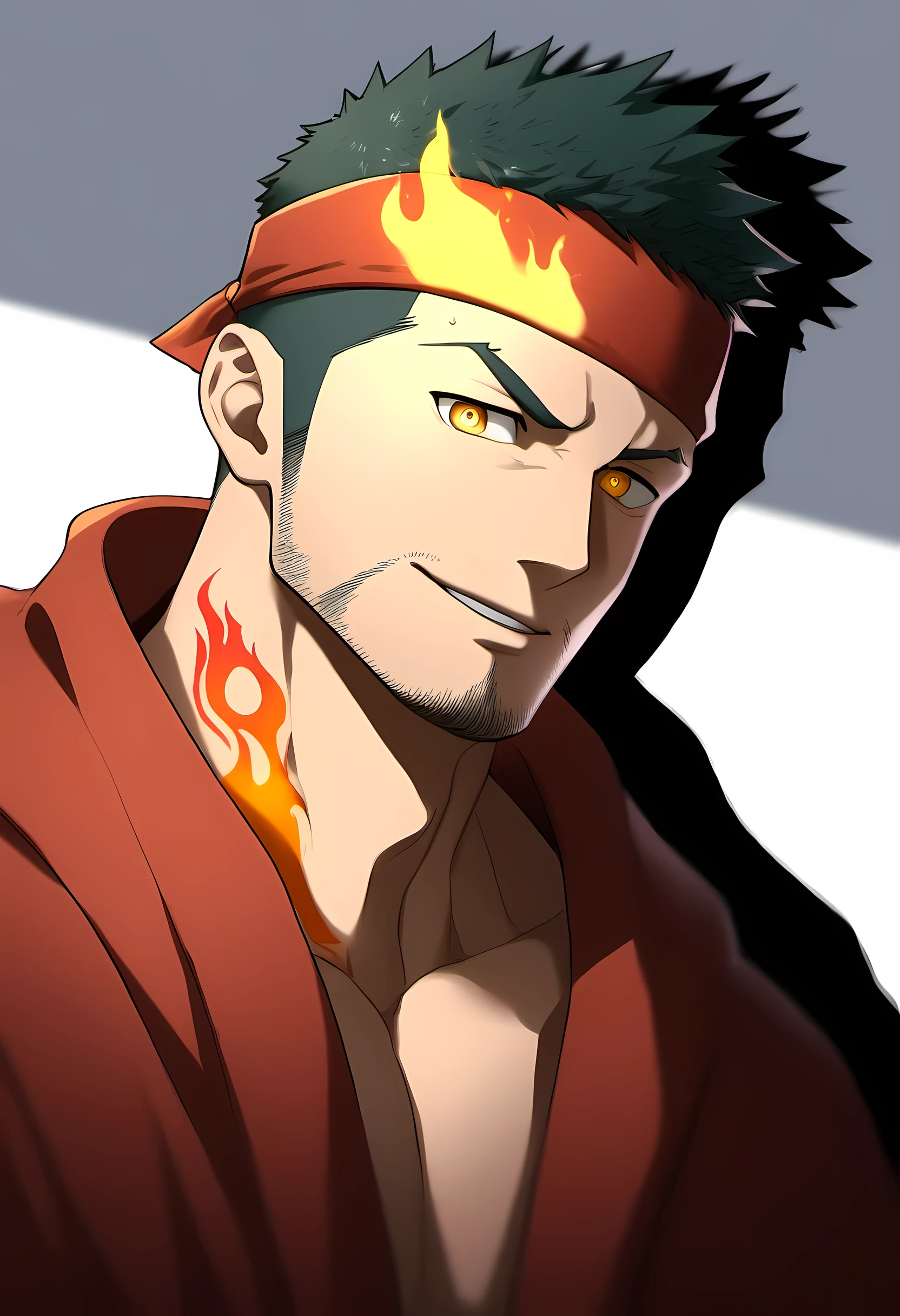 anime characters:Guy, Priapus, 1 muscular man god, Flame tattoo, Sport red headband, Priestly robes, muscular male, muscular, only, Upper body, alone, short black hair, thick eyebrows, stubble, yellow eyes, White background, simple background, amazing quality, best aesthetics, Ridiculous, bright pupils, short hair, naughty face, torogao, open lips, divine light, chiaroscuro, shadow, best quality