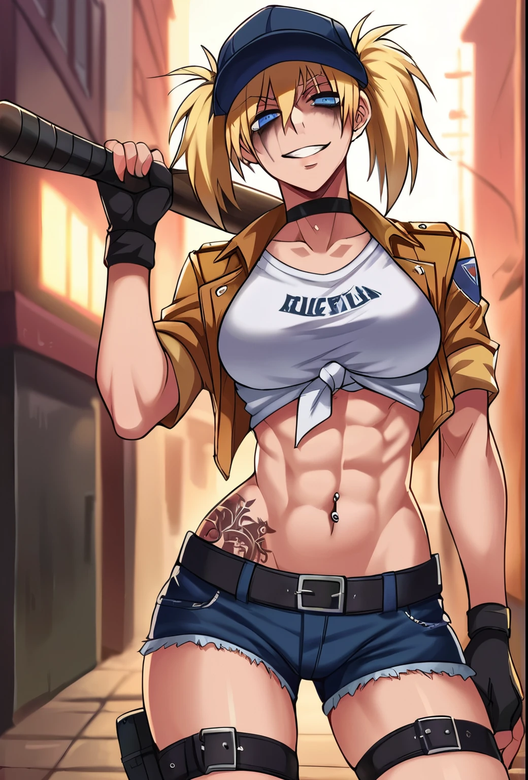 score_9, score_8_up, score_7_up, score_6_up, score_5_up, score_4_up, BREAK source_anime, rating_safe, 1girl, hellsing, seras, seras victoria, two-tone hair, blue eyes, smile, two side up, baseball cap, runny makeup, graphic tee, navel, short shorts, baseball bat, choker, thighighs, thigh belt, tied shirt, navel piercing, tattoo city, night, litter, night street, alley, abs