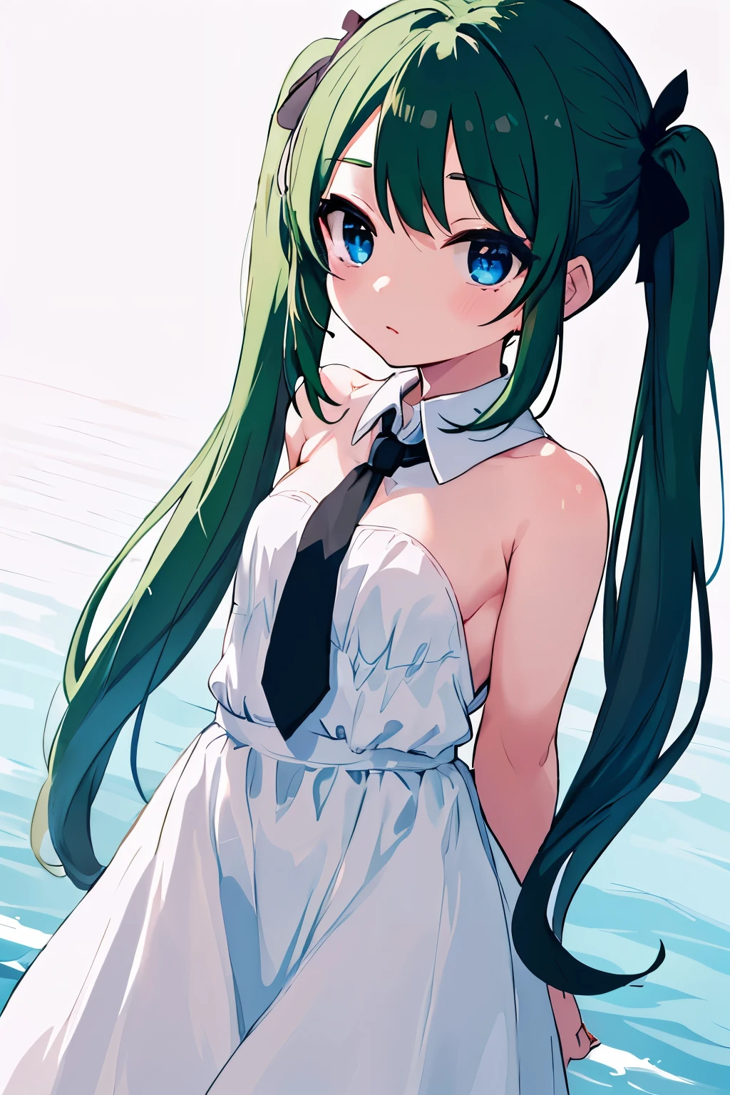 The innocence, dark green hair, twintails, arms behind back, white dress, black waist tie, a girl,blue eyes,