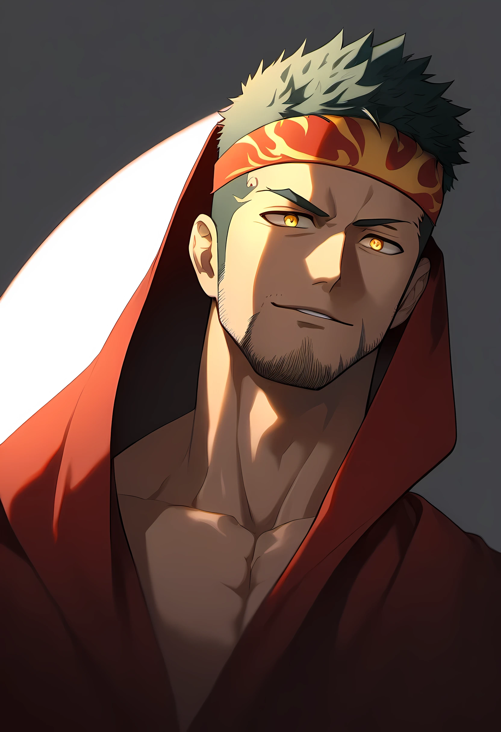 anime characters：Guy, Priapus, 1 muscular man god, Flame tattoo, Sport red headband, Priestly robes, muscular male, muscular, only, Upper body, alone, short black hair, thick eyebrows, stubble, yellow eyes, White background, simple background, amazing quality, best aesthetics, Ridiculous, bright pupils, short hair, naughty face, torogao, open lips, divine light, chiaroscuro, shadow, best quality