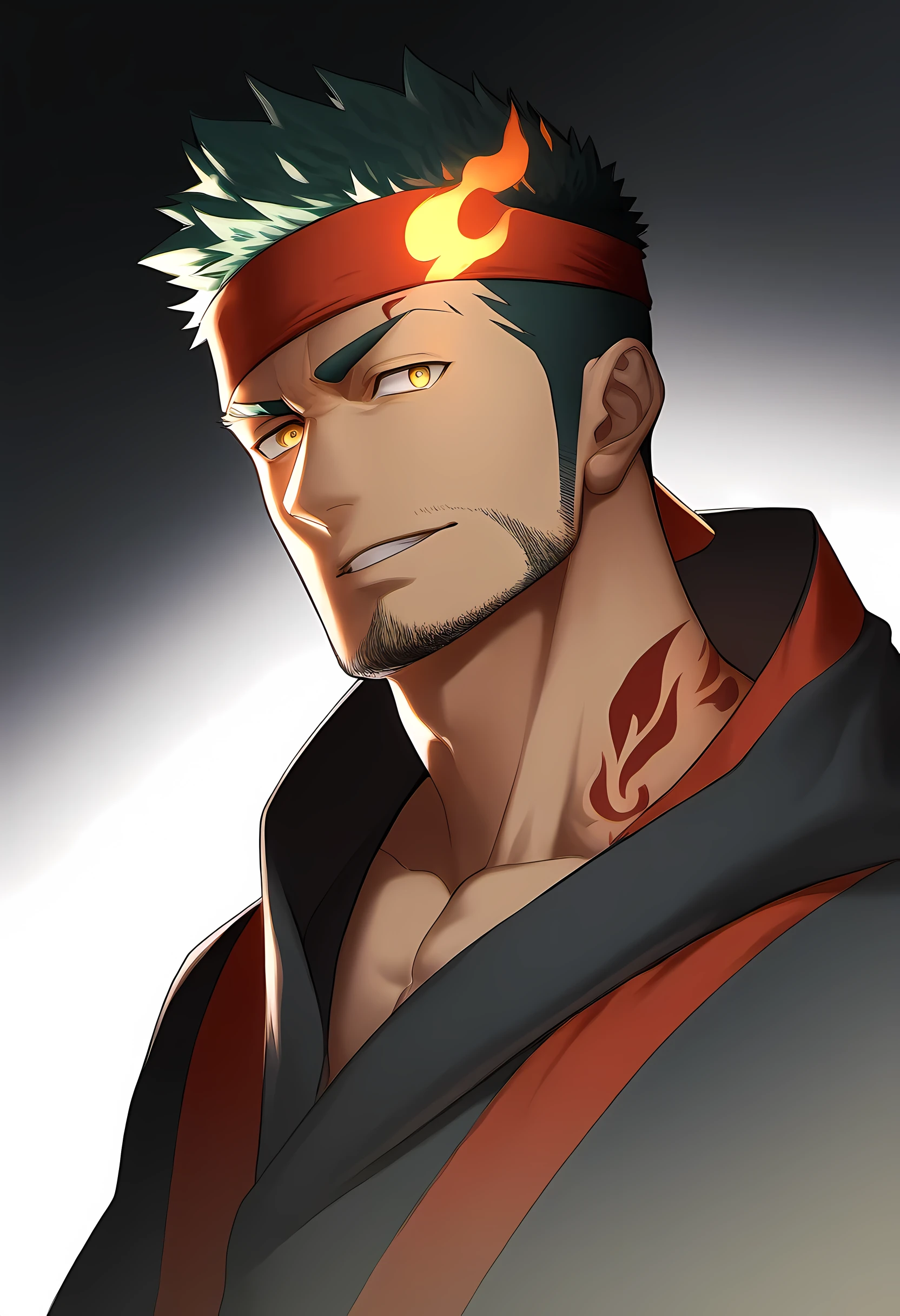 anime characters:Guy, Priapus, 1 muscular man god, Flame tattoo, Sport red headband, Priestly robes, muscular male, muscular, only, Upper body, alone, short black hair, thick eyebrows, stubble, yellow eyes, White background, simple background, amazing quality, best aesthetics, Ridiculous, bright pupils, short hair, naughty face, torogao, open lips, divine light, chiaroscuro, shadow, best quality