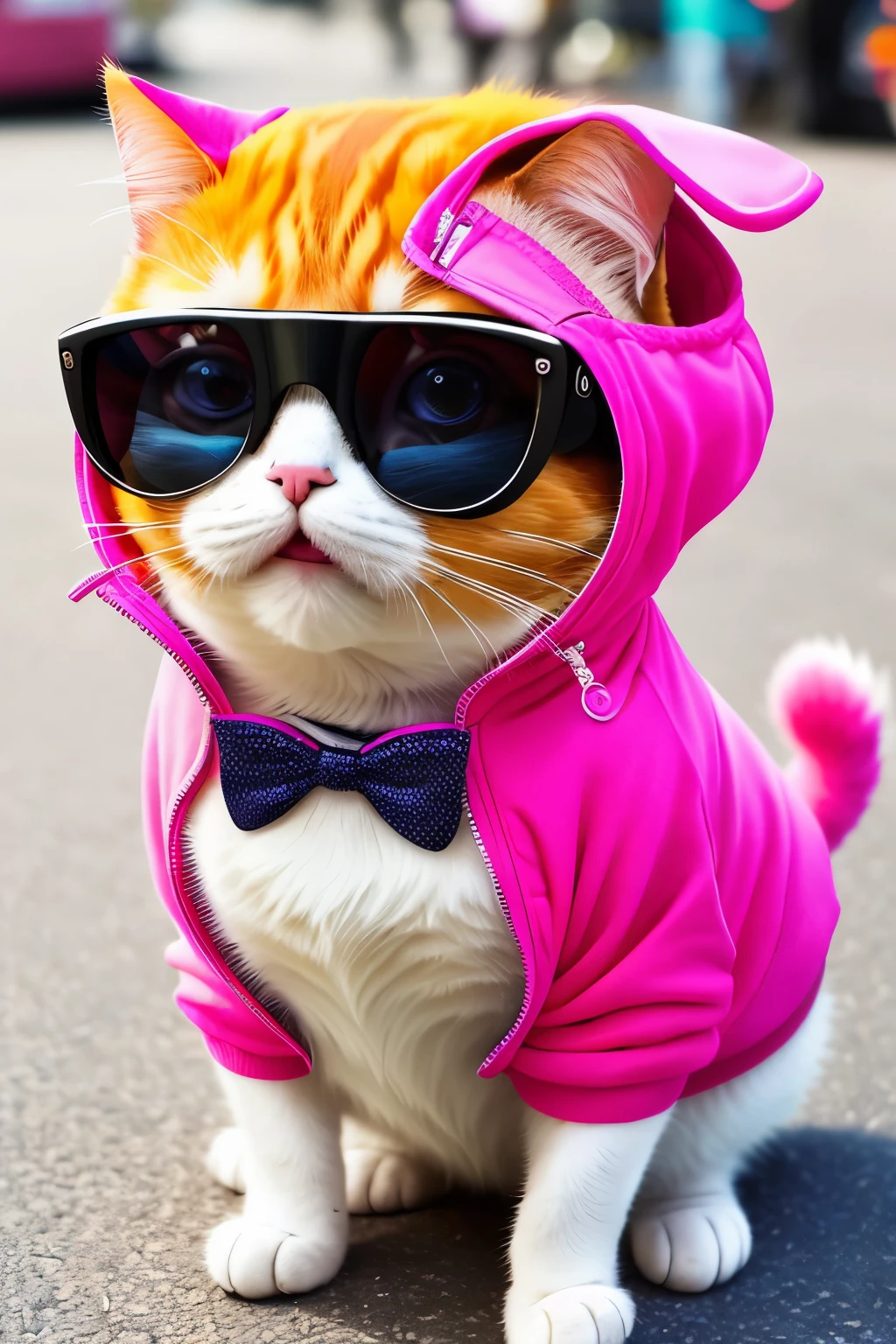 A captivating image of a cheerful girl, wearing a bright pink jacket, perfectly centered, and radiating joy with a contagious smile. The cute fat cat, adorned with intricate details and a playful expression, approaches from the side, wearing sunglasses as if it's posing for the camera in this dynamic, highly detailed scene. The smooth, sharp focus on their adorable faces and the abstract beauty in their expressions are sure to leave you in awe, captured in the highest resolution of 8K, approaching perfection.