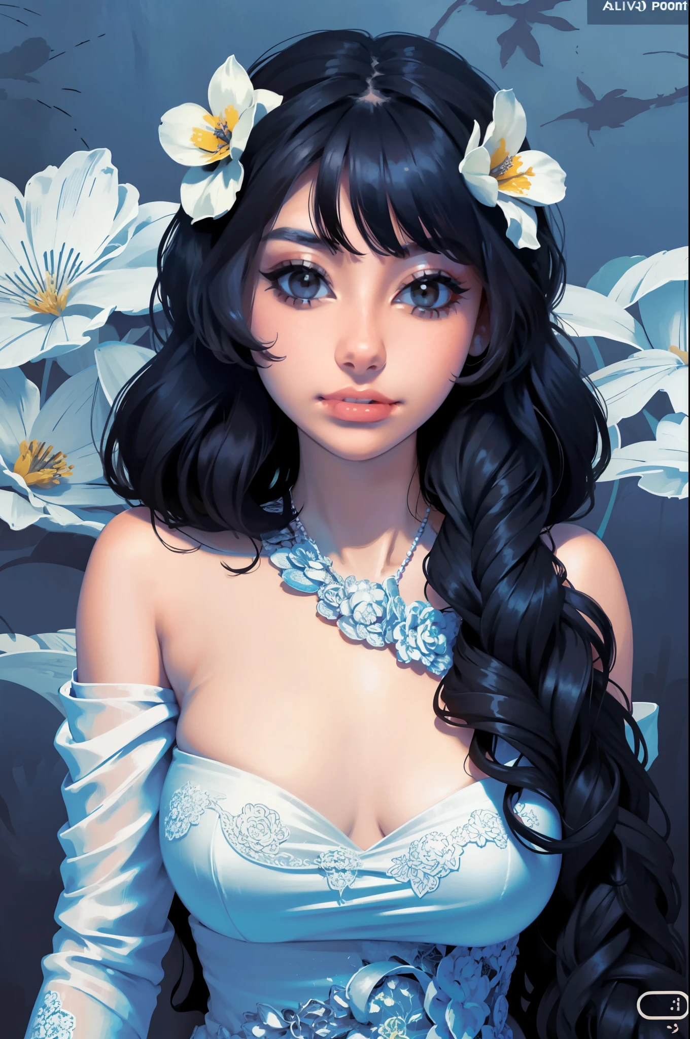 a woman in a black and white floral print swimsuit, a digital rendering inspired by Aurél Bernáth, trending on cg society, art nouveau, intricate fantasy dress, tube-top dress, an intricate dress, detached sleeves, elegant tropical prints, intricate details. front on, floral art nouveau dress, graphic print, floral art novuea dress