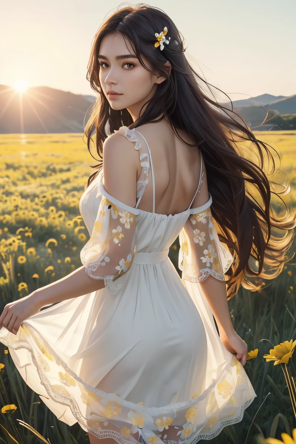 (Beautiful girl_one person),(long hair_dark brown,Bold waves),(pretty face_Clear facial features,expressionless,White skin,immaculately clear),((costume_Pure white dress(yellow floral pattern)),(whole body_Good ratio),(background_Vast grasslands_wild flower with unknown name),(background_Dazzling sunlight behind the girl's back,warm sunshine),(style_realistic,realistic details),(picture quality_high quality,8K),