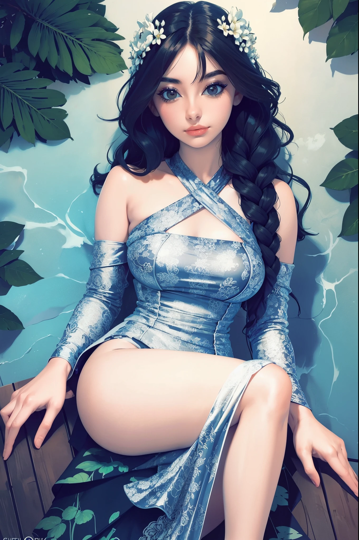 a woman in a black and white floral print swimsuit, a digital rendering inspired by Aurél Bernáth, trending on cg society, art nouveau, intricate fantasy dress, tube-top dress, an intricate dress, detached sleeves, elegant tropical prints, intricate details. front on, floral art nouveau dress, graphic print, floral art novuea dress