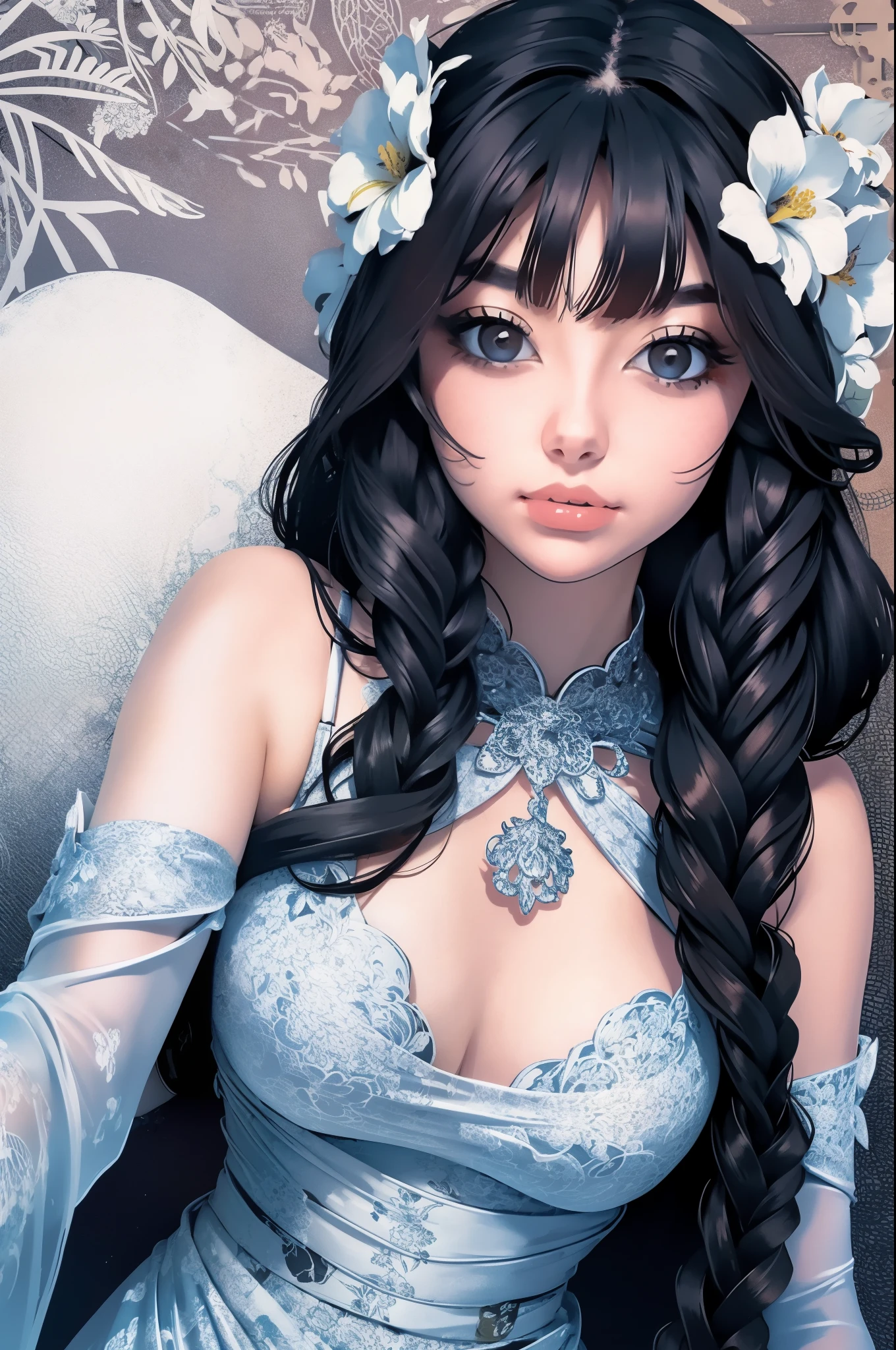 a woman in a black and white floral print swimsuit, a digital rendering inspired by Aurél Bernáth, trending on cg society, art nouveau, intricate fantasy dress, tube-top dress, an intricate dress, detached sleeves, elegant tropical prints, intricate details. front on, floral art nouveau dress, graphic print, floral art novuea dress