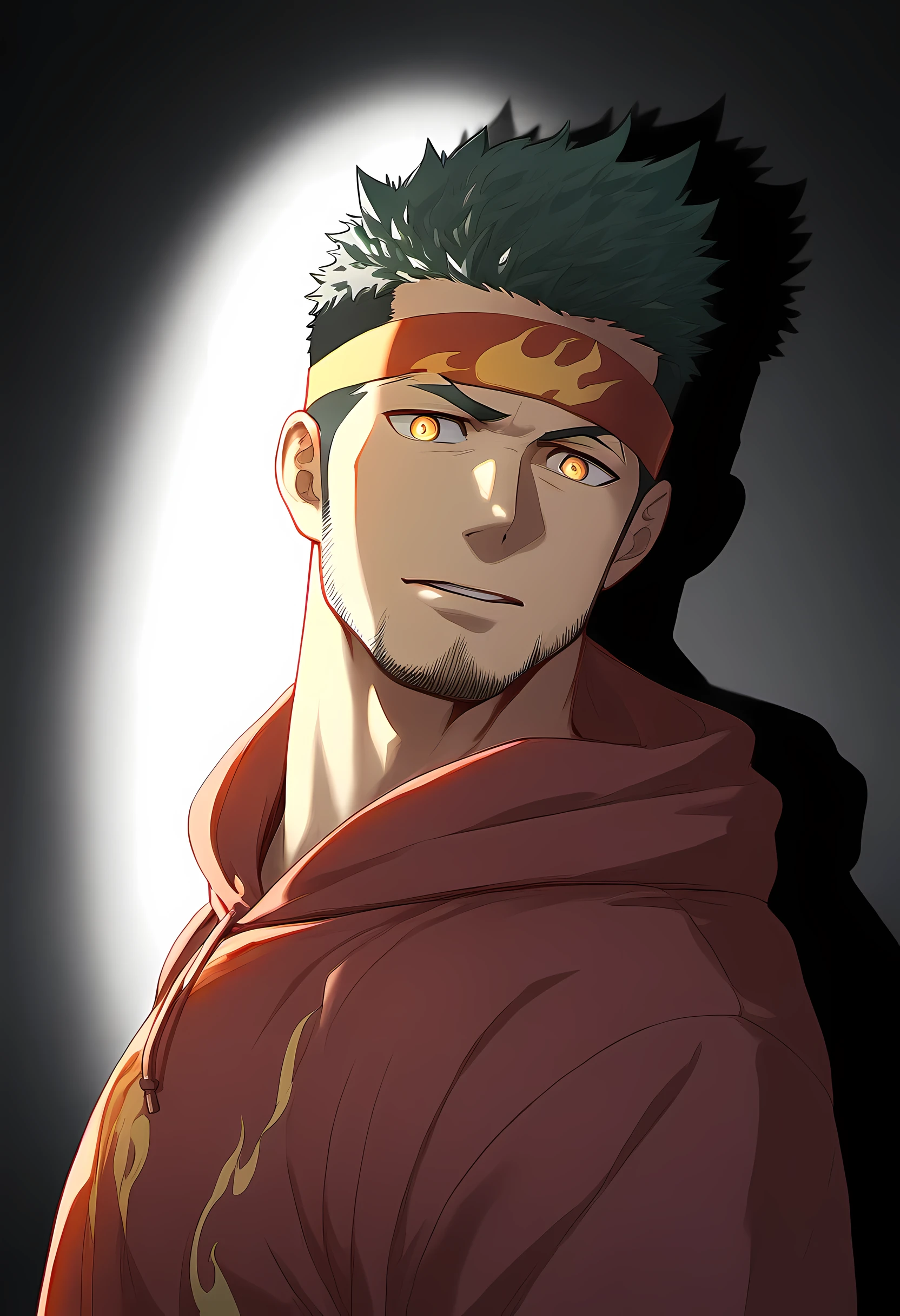anime characters:Guy, Priapus, 1 muscular man god, Flame tattoo, Sport red headband, Sports hooded sweatshirt, muscular male, muscular, only, Upper body, alone, short black hair, thick eyebrows, stubble, yellow eyes, White background, simple background, amazing quality, best aesthetics, Ridiculous, bright pupils, short hair, naughty face, torogao, open lips, divine light, chiaroscuro, shadow, best quality