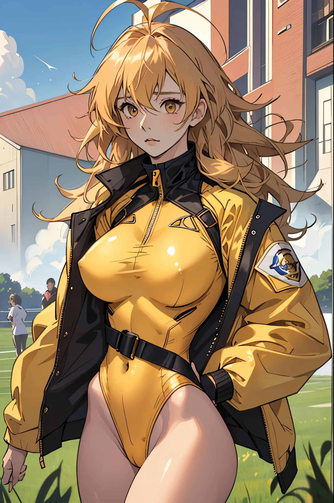 masterpiece, highest quality, High resolution, 1 girl, ticker, Ahoge, big breasts, race_Queen, golden leotard, Jacket, embarrassing,closed mouth, field, 