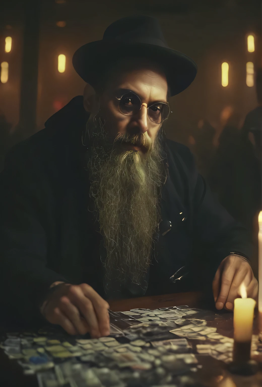 there is a man with a long beard and a hat sitting at a table, counting drugs, still from a movie, still from the movie, tarot card the hermit, gal yosef, orthodox cyberpunk, still image from the movie, holy man looking at ground, screenshot from a movie, ilya kushinov, russian shaman