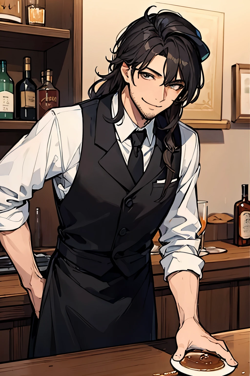 (((masterpiece, best quality))), 1man, young adult, smiling, looking at camera, working, bartender, work uniform, elegant hair, wavy hair, shaved beard, black hair, cafe owner, wearing a hat