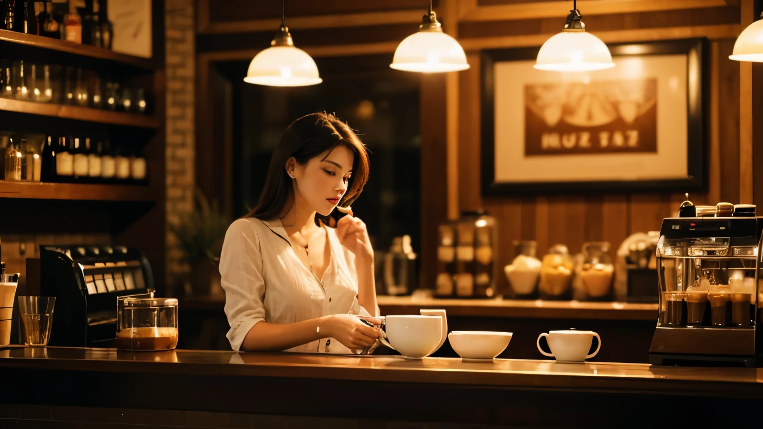 woman pouring coffee,Evening Cafe,counter,vapor,coffee shop,retro,genuine,genuineistic,warm atmosphere,relax,jazz