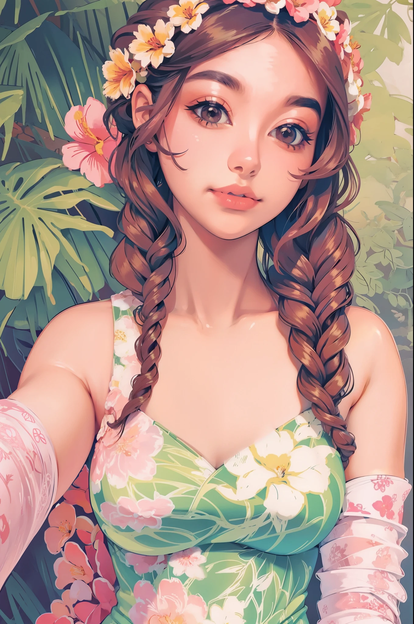 a woman in a black and white floral print swimsuit, a digital rendering inspired by Aurél Bernáth, trending on cg society, art nouveau, intricate fantasy dress, tube-top dress, an intricate dress, detached sleeves, elegant tropical prints, intricate details. front on, floral art nouveau dress, graphic print, floral art novuea dress
