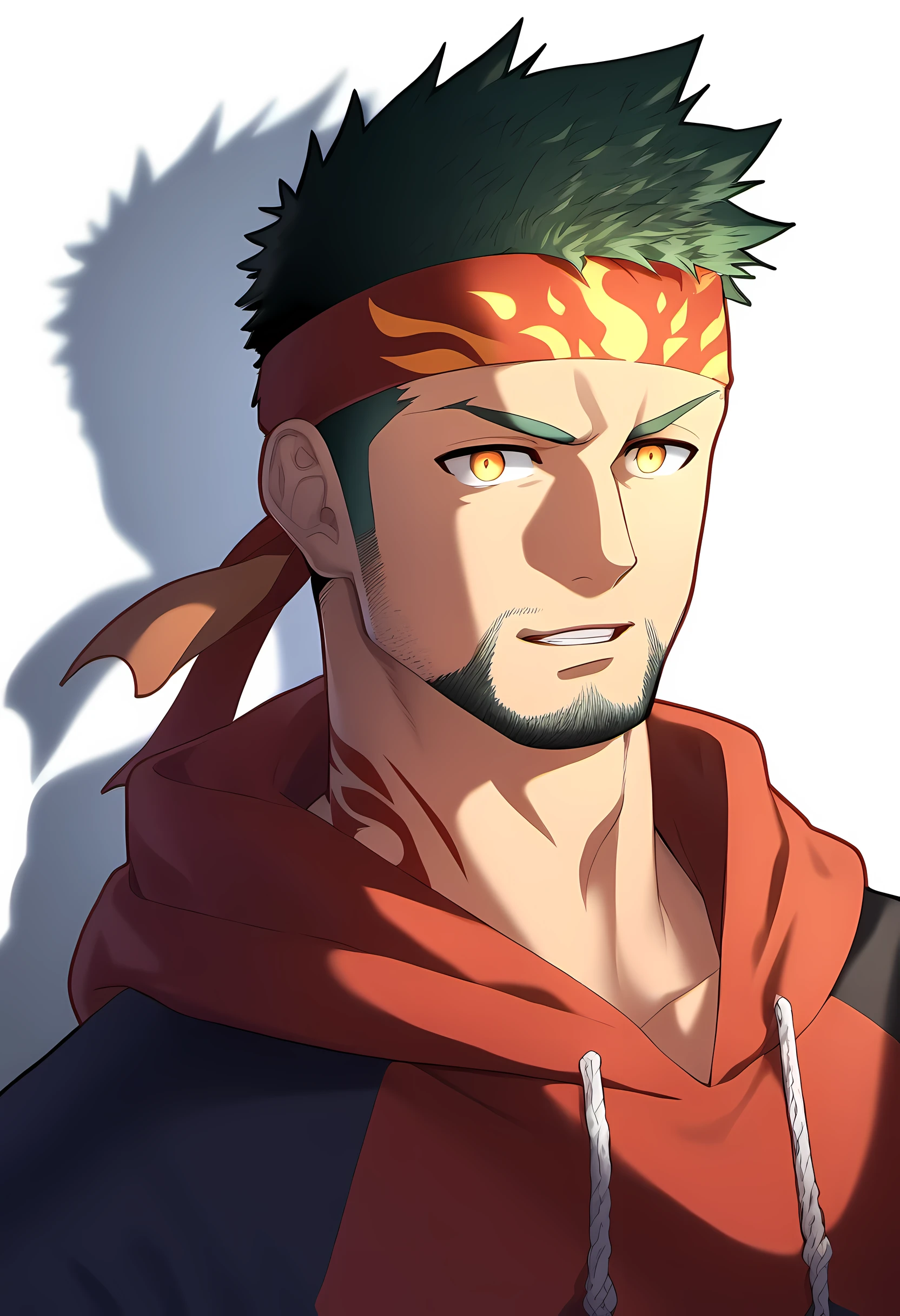 anime characters：Guy, Priapus, 1 muscular man god, Flame tattoo, Sport red headband, Sports hooded sweatshirt, muscular male, muscular, only, Upper body, alone, short black hair, thick eyebrows, stubble, yellow eyes, White background, simple background, amazing quality, best aesthetics, Ridiculous, bright pupils, short hair, naughty face, torogao, open lips, divine light, chiaroscuro, shadow, best quality