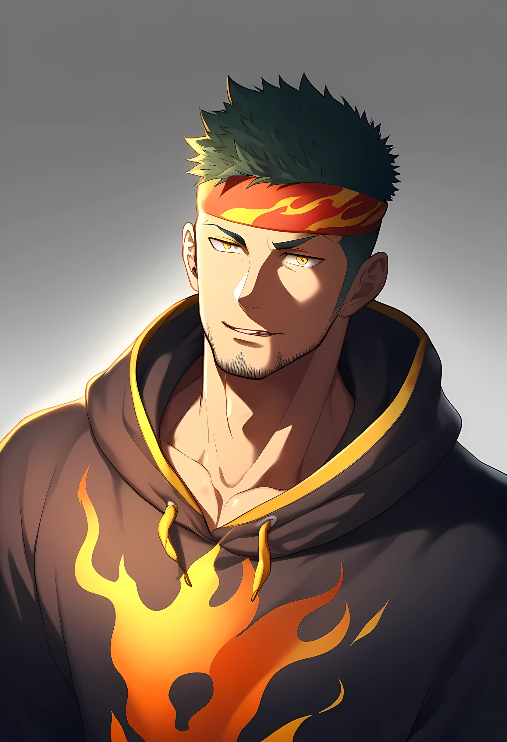 anime characters：Guy, Priapus, 1 muscular man god, Flame tattoo, Sport red headband, Sports hooded sweatshirt, muscular male, muscular, only, Upper body, alone, short black hair, thick eyebrows, stubble, yellow eyes, White background, simple background, amazing quality, best aesthetics, Ridiculous, bright pupils, short hair, naughty face, torogao, open lips, divine light, chiaroscuro, shadow, best quality