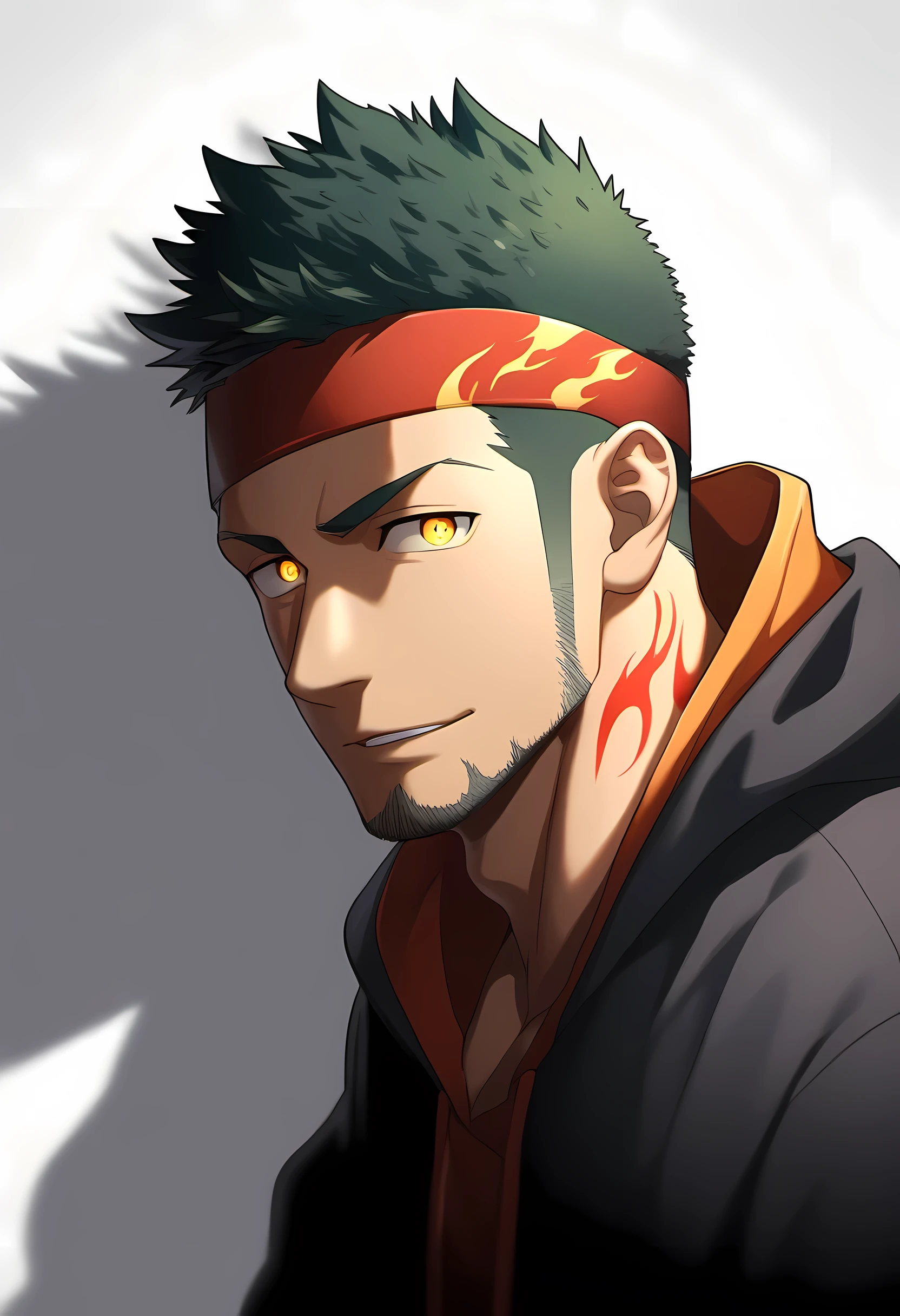 anime characters:Guy, Priapus, 1 muscular man god, Flame tattoo, Sport red headband, Sports hooded sweatshirt, muscular male, muscular, only, Upper body, alone, short black hair, thick eyebrows, stubble, yellow eyes, White background, simple background, amazing quality, best aesthetics, Ridiculous, bright pupils, short hair, naughty face, torogao, open lips, divine light, chiaroscuro, shadow, best quality