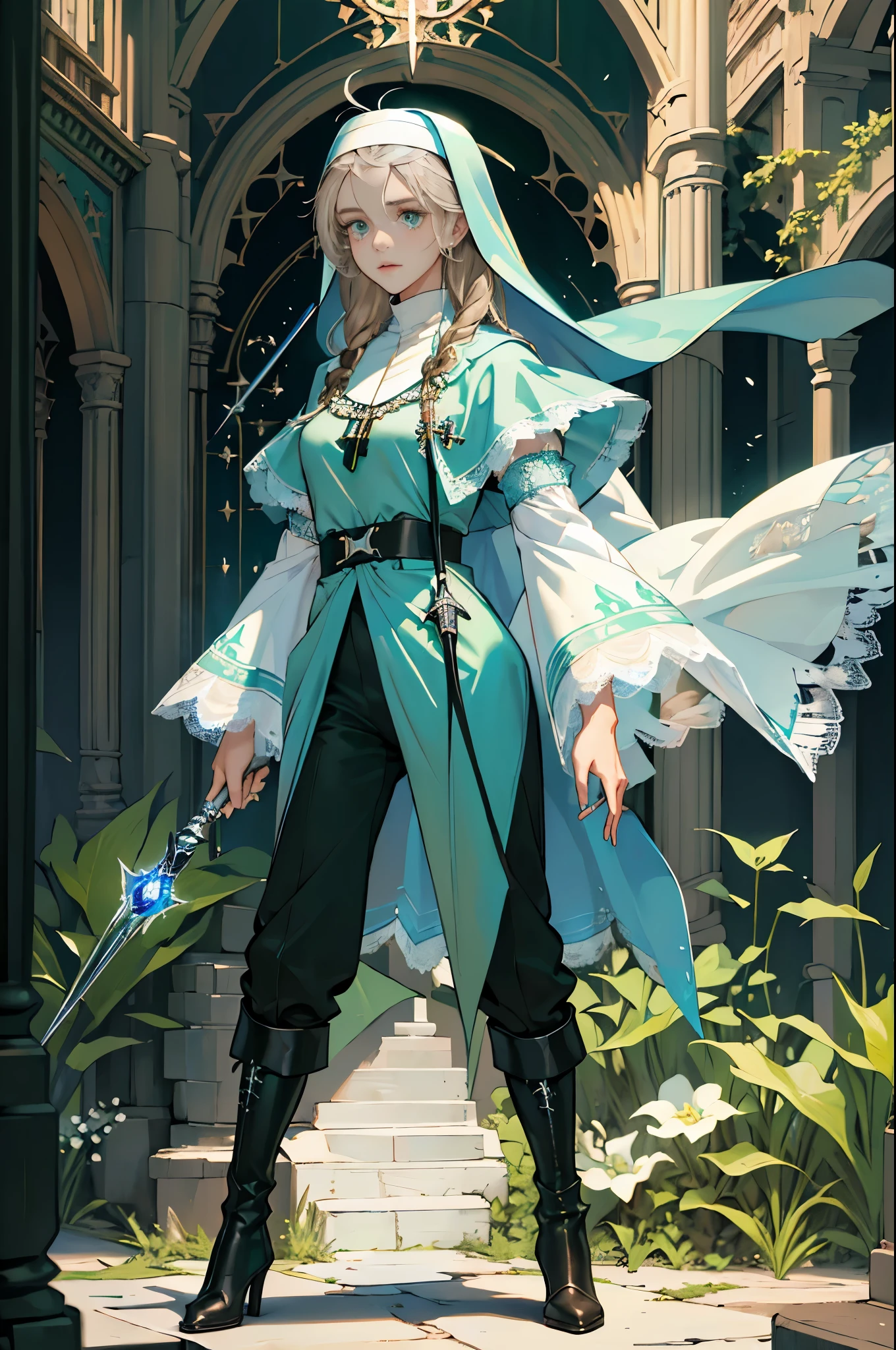 masterpiece, ultra detailed, 8k portrait, RAW photo, portrait photography, Highly detailed face, beautiful and meticulous eyes, ((Fantasy)), (((solo))), Young beautiful, (((Nun))), (((((standing))))), ((light blue long thin hair)), ahoge, forehead, Gentle face, White skin, armpit, (((green and white puffy sleeve lace priest robes))), ((brown cape)) Fluttering in the wind, (((lowleg kneel length pants))), Leather boots, ((((equip a magic wand)))), Midday Sun, Hyper realistic, Body model, Small breasts, Beautiful breasts, Long legs, in the medieval field, Ambient lighting, Shadow details, Camera focus on face, strong breeze, Light fog