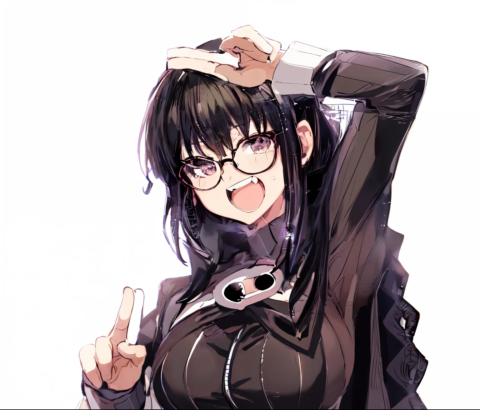 anime girl with glasses and a black and with index finger, black and hinata hyuga, akane owari danganronpa, anime moe artstyle, in manga style, junko enoshima, chiaki nanami from danganronpa, heavy gesture style closeup, rumiko, noire
