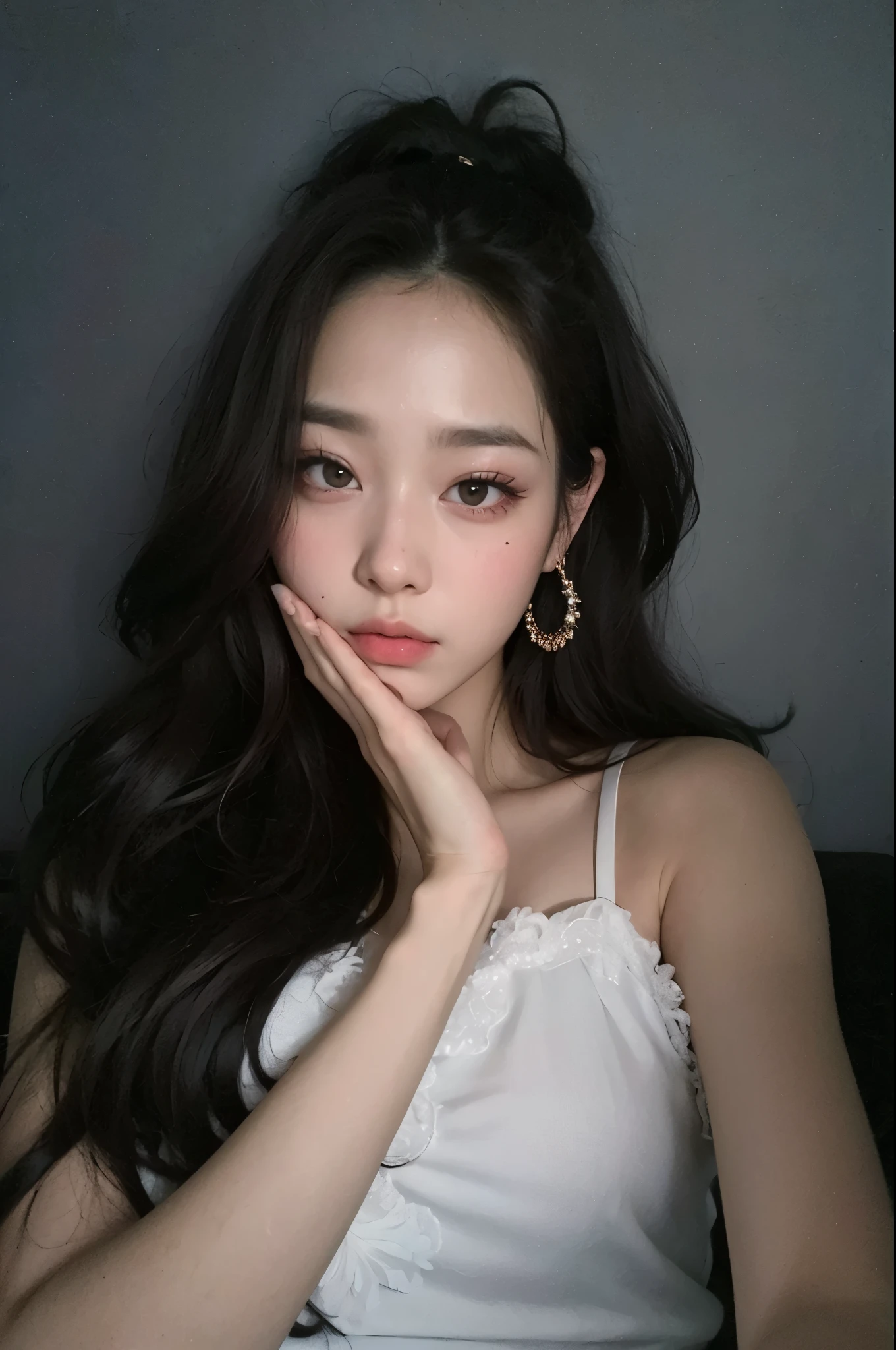 a close up of a woman with long hair wearing a white dress, ulzzang, jinyoung shin, jaeyeon nam, popular korean makeup, korean girl, gorgeous young korean woman, young adorable korean face, popular south korean makeup, beautiful young korean woman, beautiful south korean woman, guweiz, heonhwa choe, headshot profile picture, wan adorable korean face