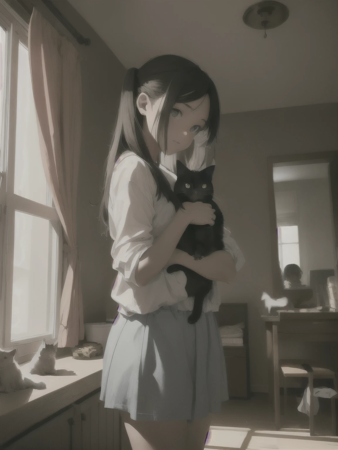 A girl with cat in a room