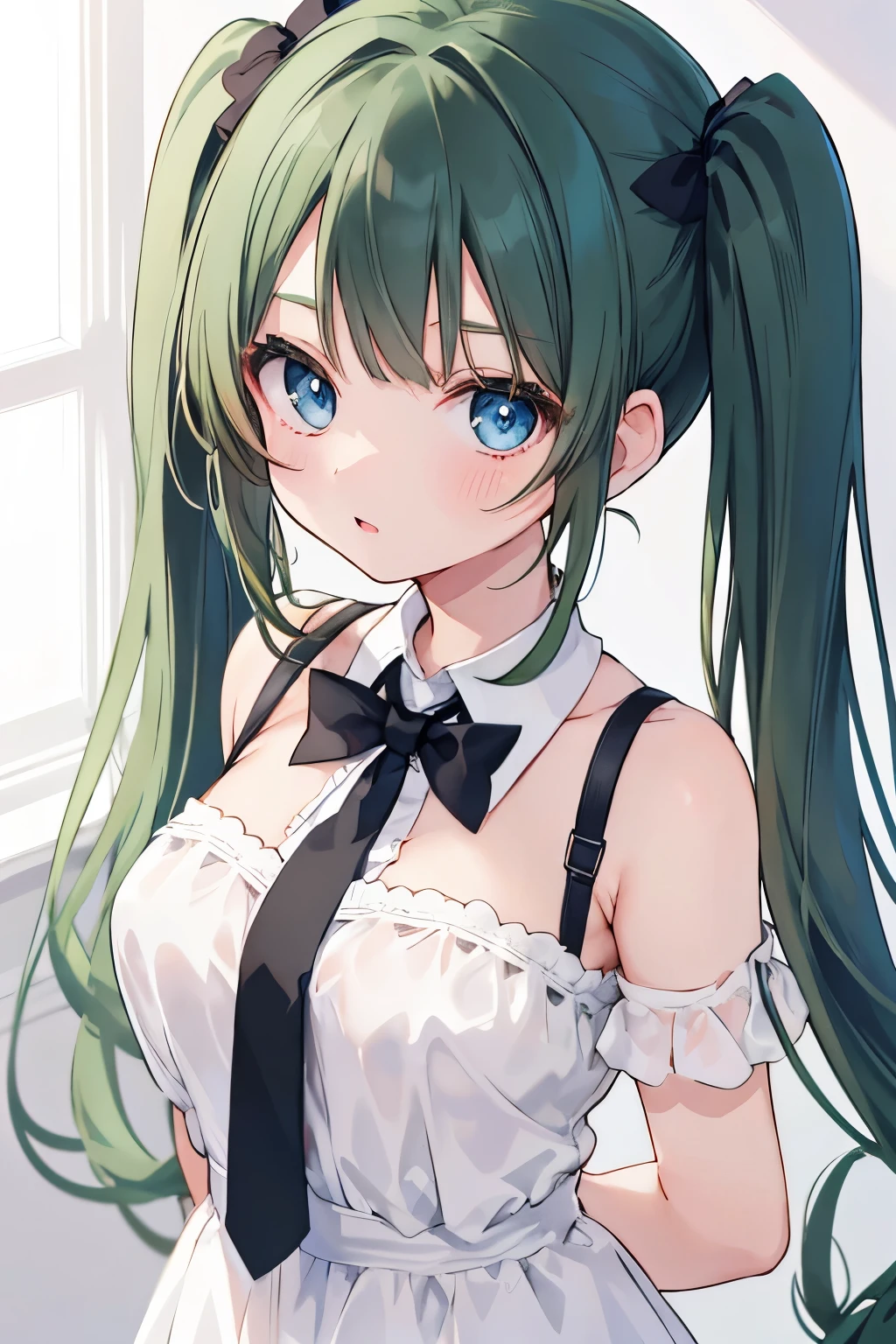 The innocence, dark green hair, twintails, arms behind back, white dress, black waist tie, a girl,blue eyes,