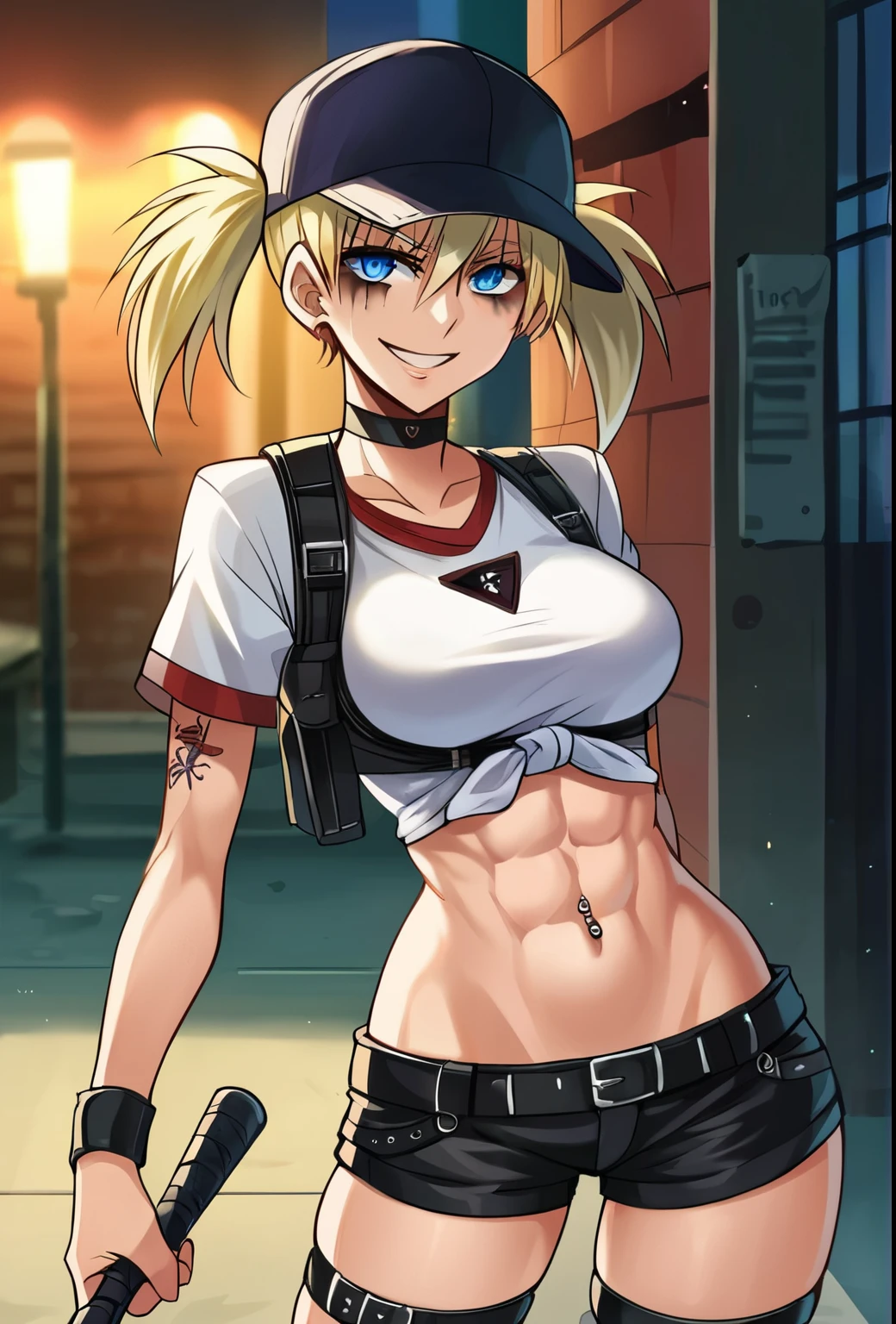 score_9, score_8_up, score_7_up, score_6_up, score_5_up, score_4_up, BREAK source_anime, rating_safe, 1girl, hellsing, seras, seras victoria, two-tone hair, blue eyes, smile, two side up, baseball cap, runny makeup, graphic tee, navel, short shorts, baseball bat, choker, thighighs, thigh belt, tied shirt, navel piercing, tattoo city, night, litter, night street, alley, abs, detailed eyes, closeup, face focus, face closeuo, perfect face 