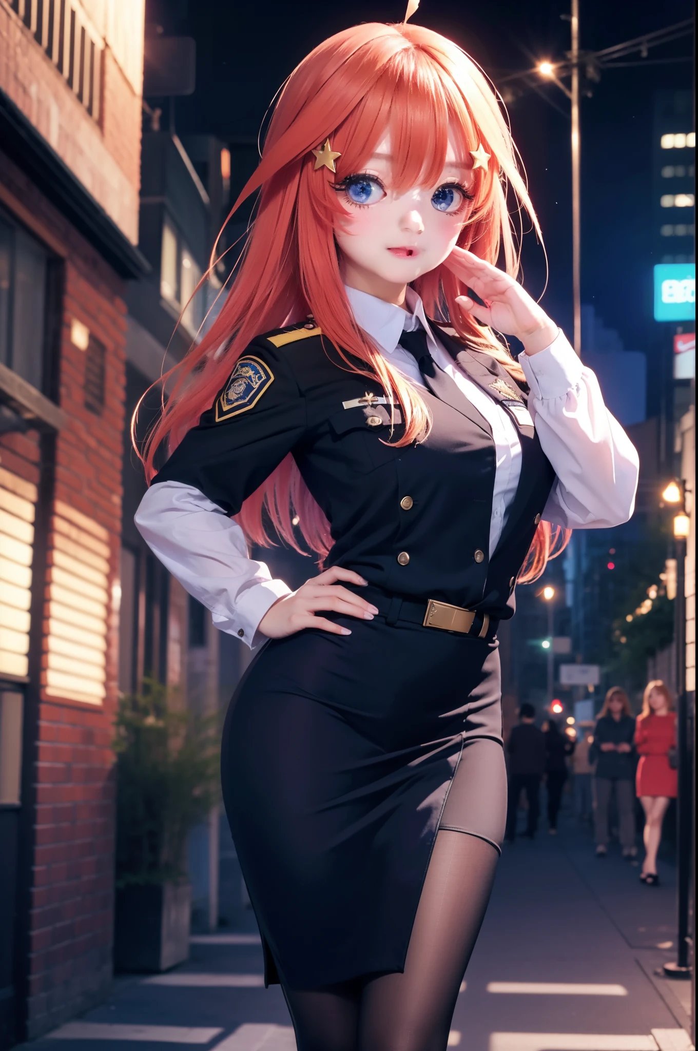 itsukinakano, Itsuki Nakano, bangs, blue eyes, hair between eyes, Ahoge, redhead, star \(symbol\), hair ornaments, star hair ornaments,
smile,blush,open your mouth,sexy police uniform,black pencil skirt,black pantyhose,stiletto heels,The girl salutes with her left hand,Place your right hand on your hip.,look up,morning,sun, 
break outdoors, city,building street,
break (masterpiece:1.2), highest quality, High resolution, unity 8k wallpaper, (shape:0.8), (fine and beautiful eyes:1.6), highly detailed face, perfect lighting, Very detailed CG, (perfect hands, perfect anatomy),