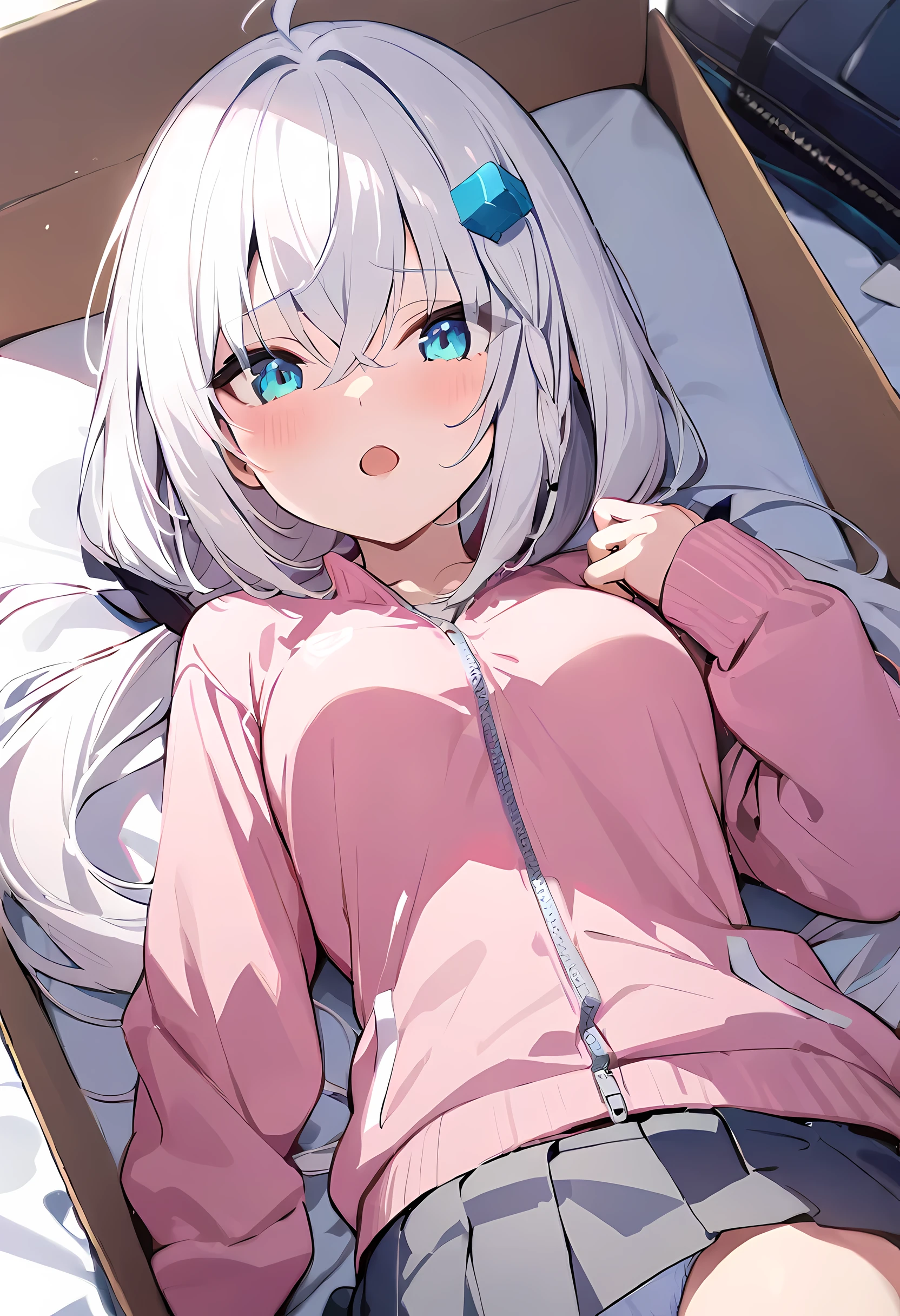 Shirakami Fubuki/(Holographic live broadcast/),masterpiece, best quality, hair accessories, cube hair accessories, blue eyes, white hair, long white hair, gray skirt, pexistk track jacket, Bangs, hair between eyes, BREAK best quality, (1 girl), lookexistg at camera, fit, medium breasts, small, open mouth, white underwear, suitcases, side, lie, exist_Box