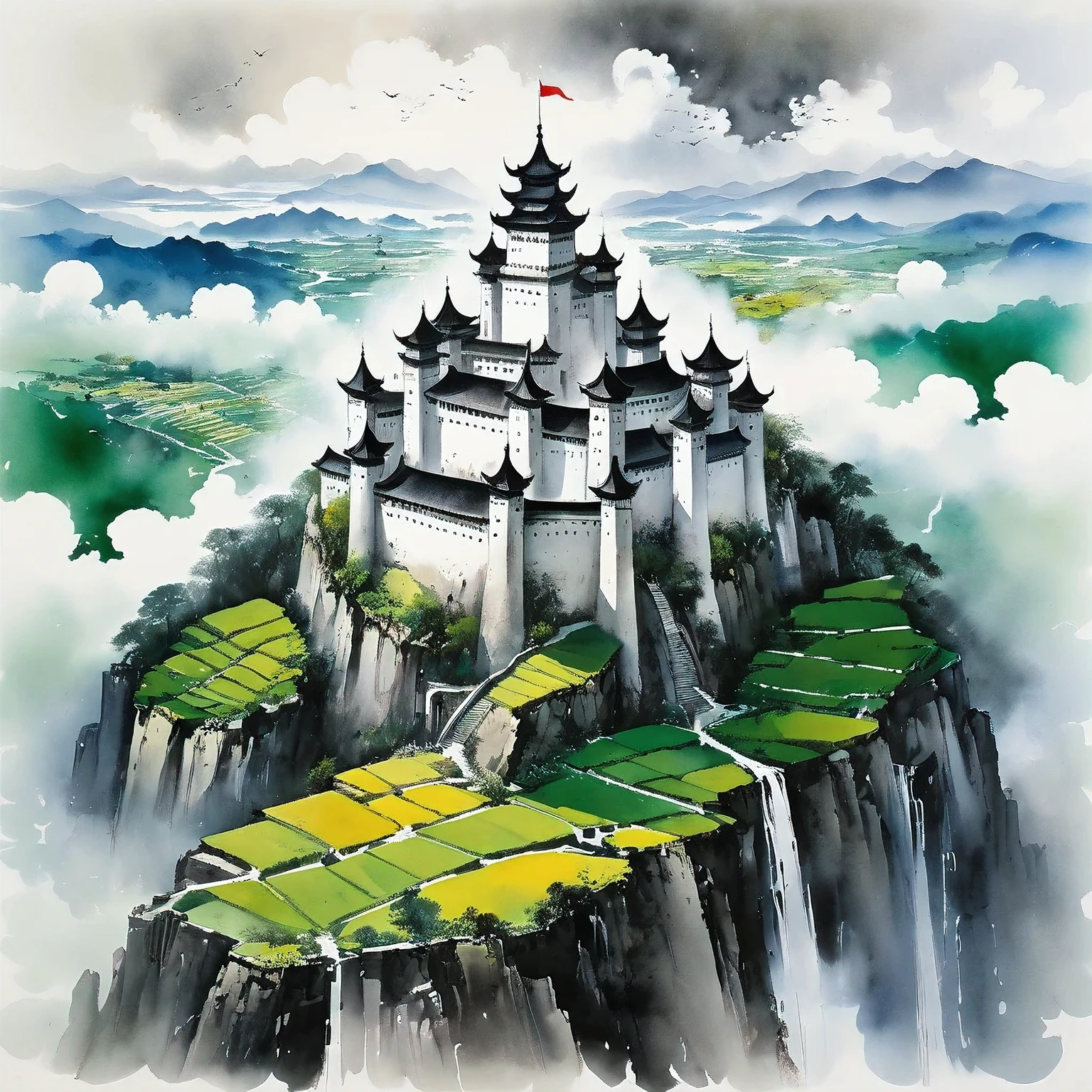 (art by Wu Guanzhong:1.5),((Aerial View)), ink painting, giant medieval castle , epic landscape, ((wind effect)),,(mythical atmosphere),light is penetrating through clouds, magnificent clouds, green theme, epic castle, in another planet
