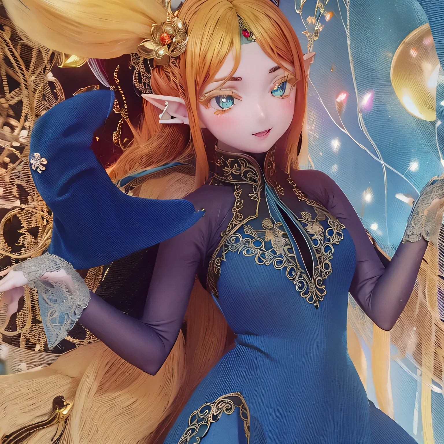 (realistic:1.2),Beautiful detailed elves,flowing long hair,Uncle Sui from another world,at the bar,highly detailed eyes,pointy ears,flowing cloak,dreamy background,fantastic atmosphere,soft lighting,subtle reflection,Expressive facial features,elf jewelry,Enchanting forest scenery,Captivating color palette,lively atmosphere,mysterious aura,magic essence,Elf character inscription,hidden symbol,quirky elements,shining particles,Fiery sparks,Dancing Shadows,elegant posture,charming gaze,enchanting smile,sublime beauty,extraordinary charisma,Creepy Presence(((((((blue color sexy long dress)))))))