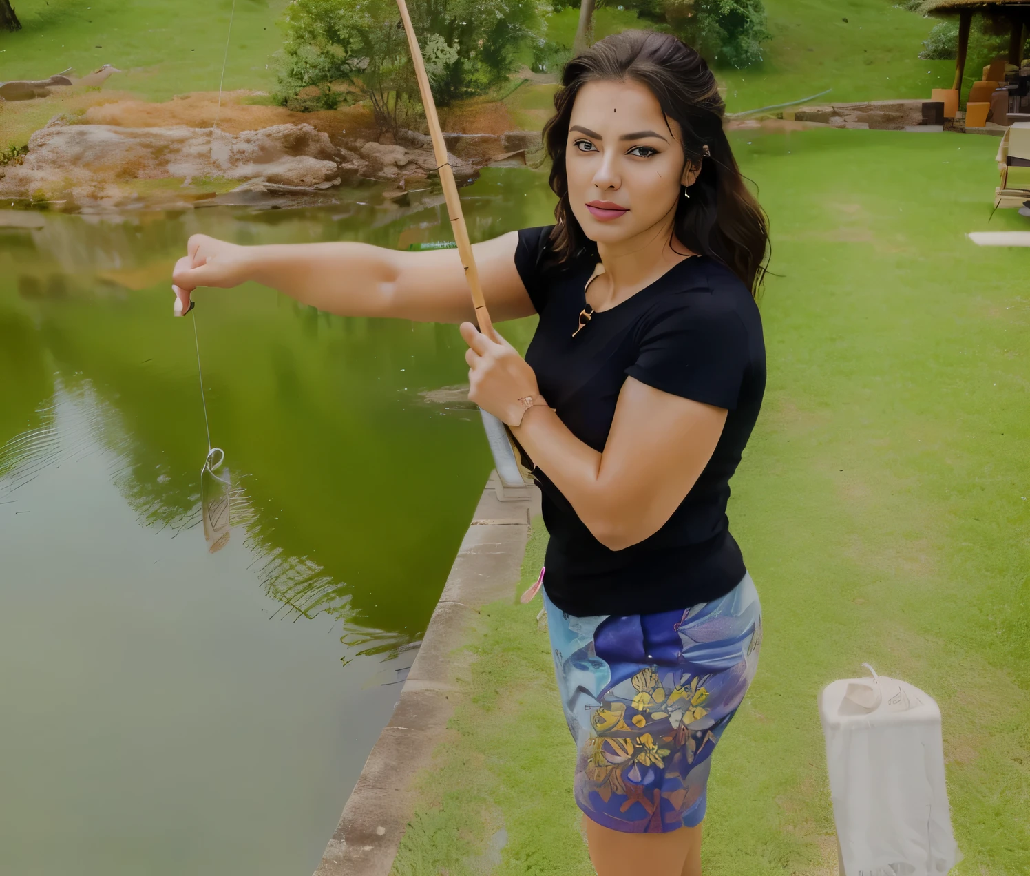 woman holding a fish on the hook in front of a lake, fishing rod, in a pond full body with dynamic pose, dynamic energetic pose. Detailed and intricate environment, intricate painting, HD, captivating, extraordinary, phenomenal, remarkable, aesthetic, artistic, charming, sophisticated, beautiful, ((masterpiece)), (((best quality))), ((ultra detail) ), UHD, 8K, (((high definition))), ((illustration)), ((extremely realistic)) , (reflections), sharp focus, front lighting, ((beautiful and extremely detailed eyes)), (extremely delicate and beautiful woman), ((brown eyes)), wavy hair, ((extremely detailed eyeedium chest, radiant skin, luminous, glowing, glowing skin, cinematic lighting mask, depth of field, dynamic angle, gaze for the viewer, (difficulty 1.4), ((macro, photograph, detail, face, eyes, nose, lips, eyebrows)), ((extremely detailed and real