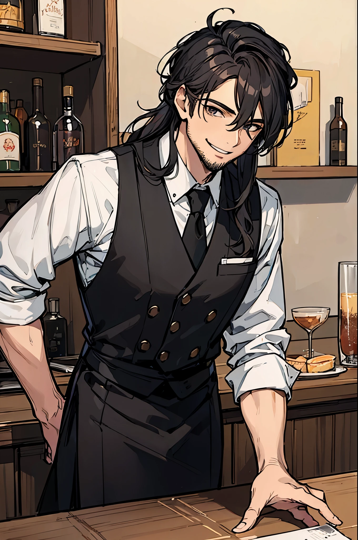(((masterpiece, best quality))), 1man, young adult, smiling, looking at camera, working, bartender, work uniform, elegant hair, wavy hair, shaved beard, black hair, cafe owner, wearing a hat