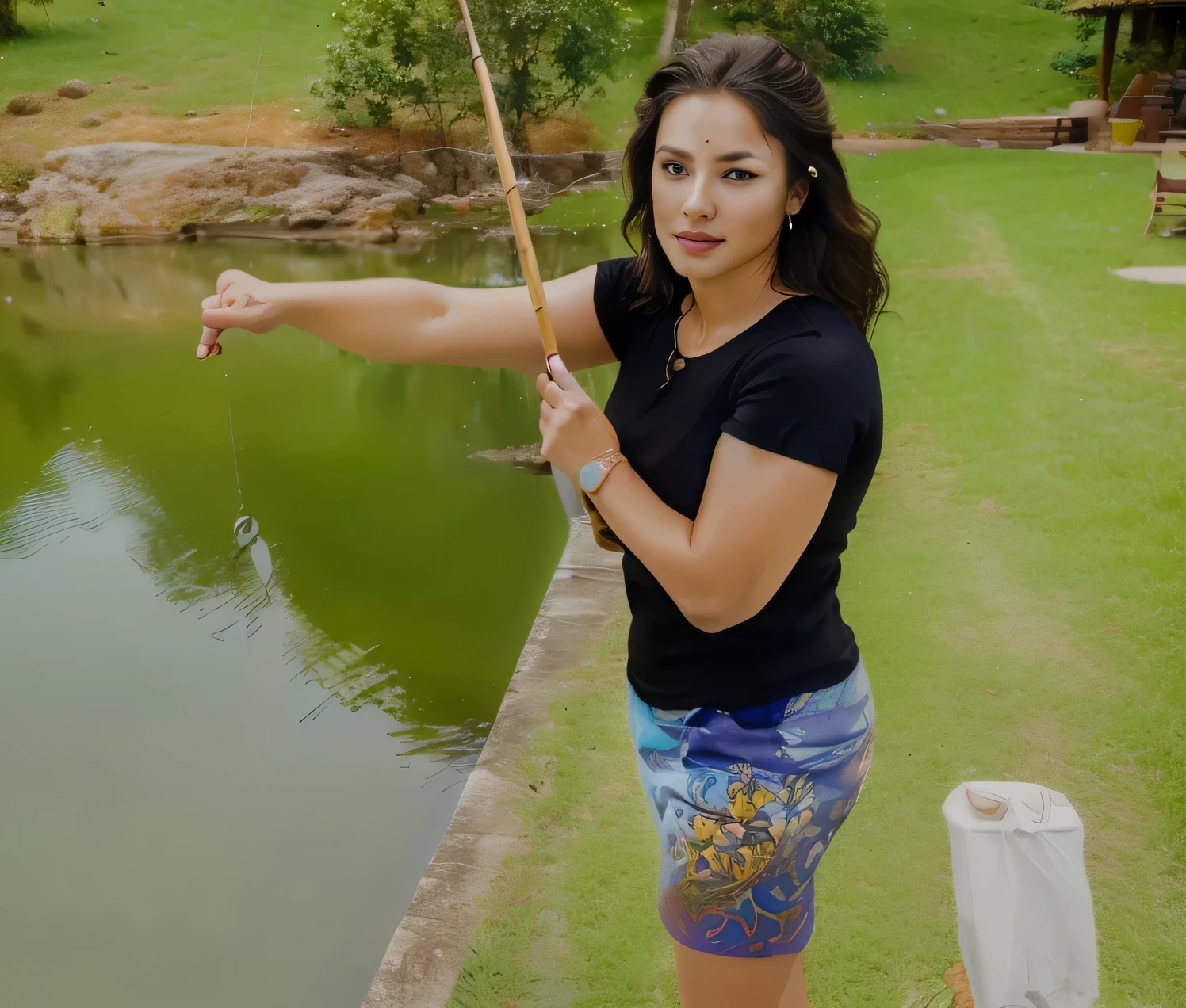 woman holding a fish on the hook in front of a lake, fishing rod, in a pond full body with dynamic pose, dynamic energetic pose. Detailed and intricate environment, intricate painting, HD, captivating, extraordinary, phenomenal, remarkable, aesthetic, artistic, charming, sophisticated, beautiful, ((masterpiece)), (((best quality))), ((ultra detail) ), UHD, 8K, (((high definition))), ((illustration)), ((extremely realistic)) , (reflections), sharp focus, front lighting, ((beautiful and extremely detailed eyes)), (extremely delicate and beautiful woman), ((brown eyes)), wavy hair, ((extremely detailed eyeedium chest, radiant skin, luminous, glowing, glowing skin, cinematic lighting mask, depth of field, dynamic angle, gaze for the viewer, (difficulty 1.4), ((macro, photograph, detail, face, eyes, nose, lips, eyebrows)), ((extremely detailed and real