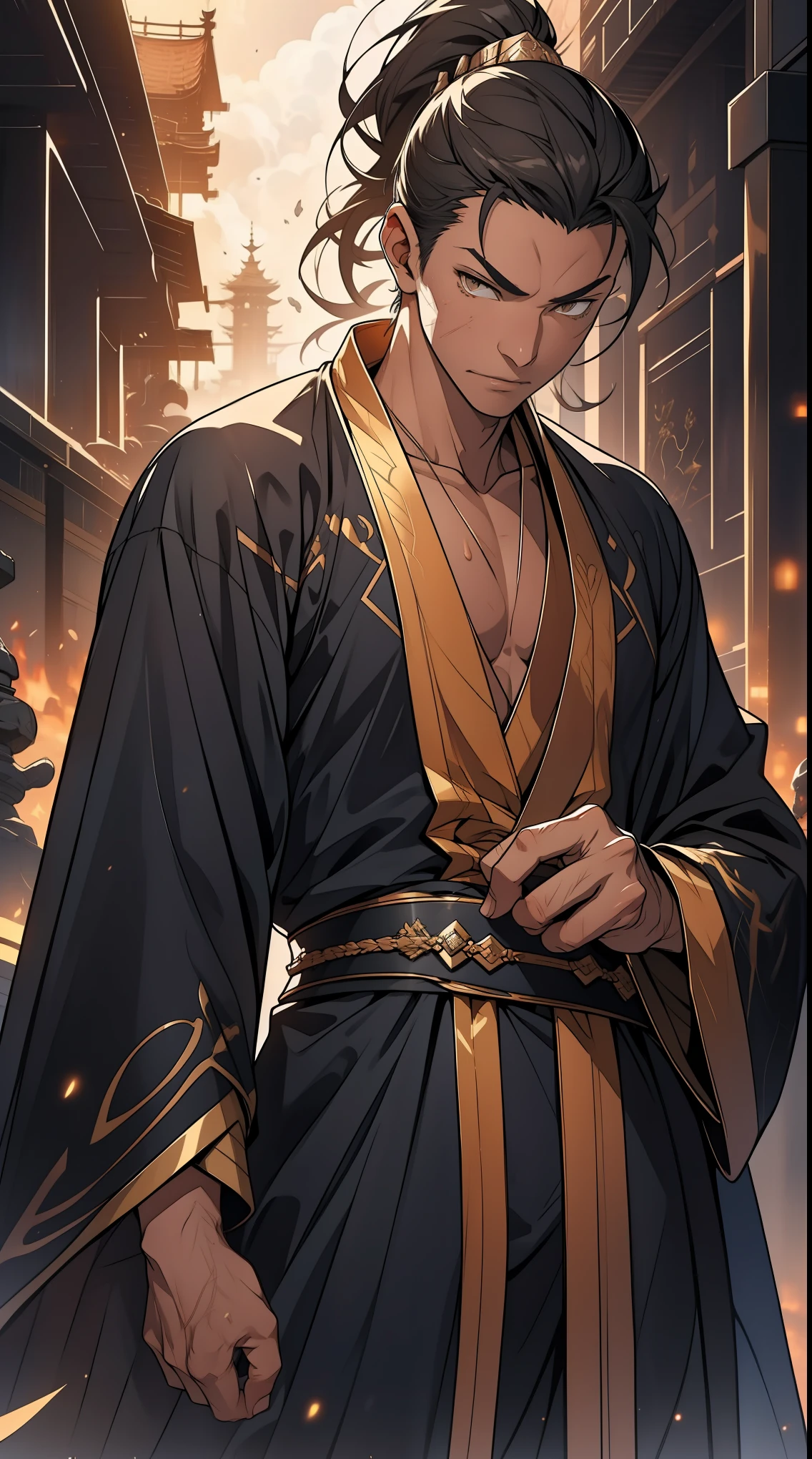 one person（male warrior），proportions are correct，facial details，swordsman，high ponytail hairstyle，neck detail，Have an Adam&#39;s apple，Black and gold robe，joke，Black and gold robe，clothing details，Hand over，long sleeves，Game quality，fencing，Ray tracing，Ray tracing，Detailed glow，CG rendering，hair details，Long black and blond hair，Black-gold eyes，Handsome，Handsome，（Youthful feeling），Costumes are complicated，Perfect composition，refine，high quality，higher details，many details，Complex background，a sense of atmosphere，