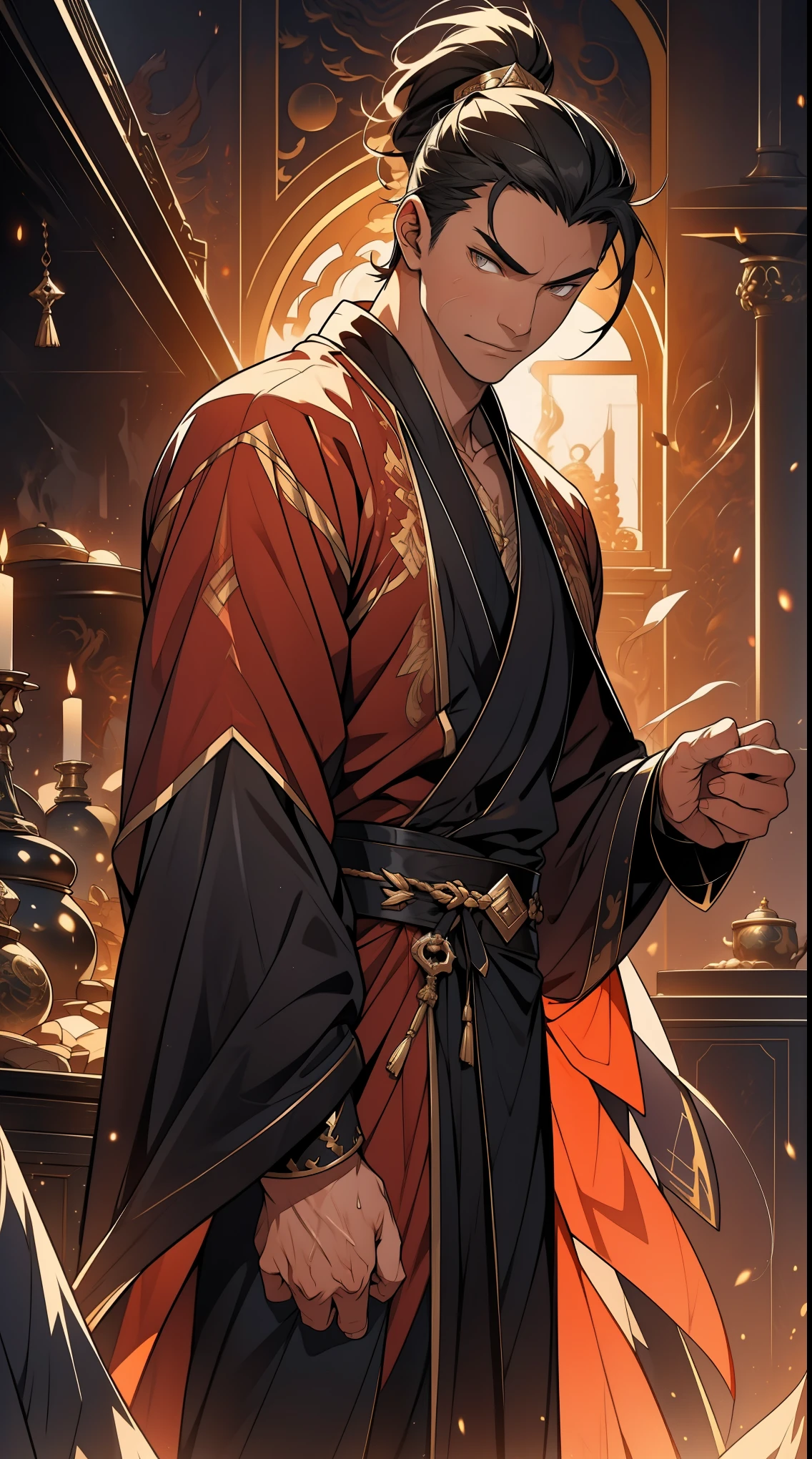 one person（male warrior），proportions are correct，facial details，swordsman，high ponytail hairstyle，neck detail，Have an Adam&#39;s apple，Black and gold robe，joke，Black and gold robe，clothing details，Hand over，long sleeves，Game quality，fencing，Ray tracing，Ray tracing，Detailed glow，CG rendering，hair details，Long black and blond hair，Black-gold eyes，Handsome，Handsome，（Youthful feeling），Costumes are complicated，Perfect composition，refine，high quality，higher details，many details，Complex background，a sense of atmosphere，