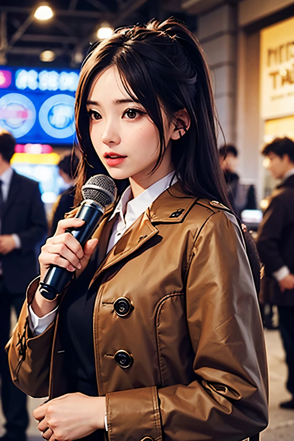 An experienced reporter in her 30s, wearing a classic overcoat with a press badge attached to it, holding a vintage microphone with determination, surrounded by the city's busy streets, capturing her in the middle of interviews with local residents, insisting on her tenacity and curiosity