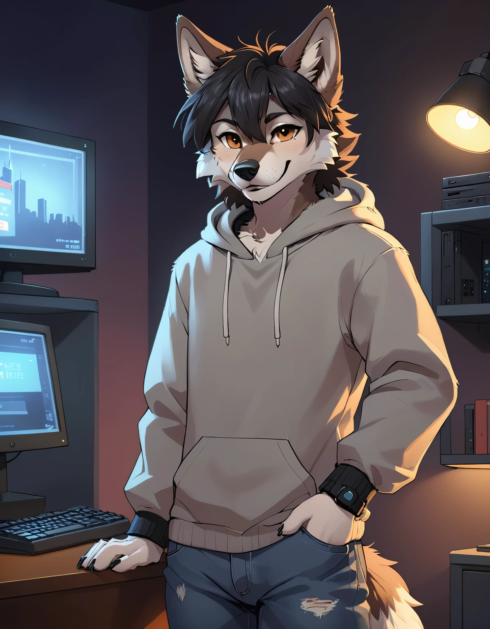 score_9, score_8_up, score_7_up, score_6_up, (hi reasterpiece)), ((best quality)), illustration, furry, wolf, animal ears, body fur, 1boy, solo, black hair, *//*, brown eye, *//*, looking at viewer, smile, wolf boy, (((androgynous))), young adult, room and city, (((night, RGB lights, warm colors, lofi))), ((room with computers)), screen lights, toned body, choker, chill pose, hoodie and jeans, tomboy clothes, femboy clothes, lofi 8bits, furry anthropomorphic wolf, furry wolf nose, ((light-grey fur)), FurryDalle
