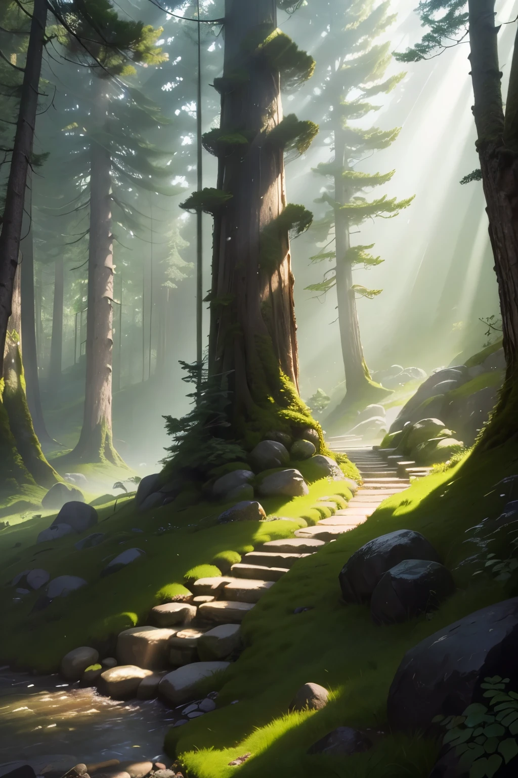 (best quality,4k,highres,masterpiece:1.2),dense coniferous forest,stone podium,lush greenery,strong trees,majestic landscape,serene nature,ray of sunlight,peaceful atmosphere,moss-covered rocks,tall evergreens,twisting branches,sublime tranquility,shadowy depths,rays of light filtering through the canopy,soft ferns,hint of mist,fresh air,whispering wind,solitude,stillness,harmony with nature