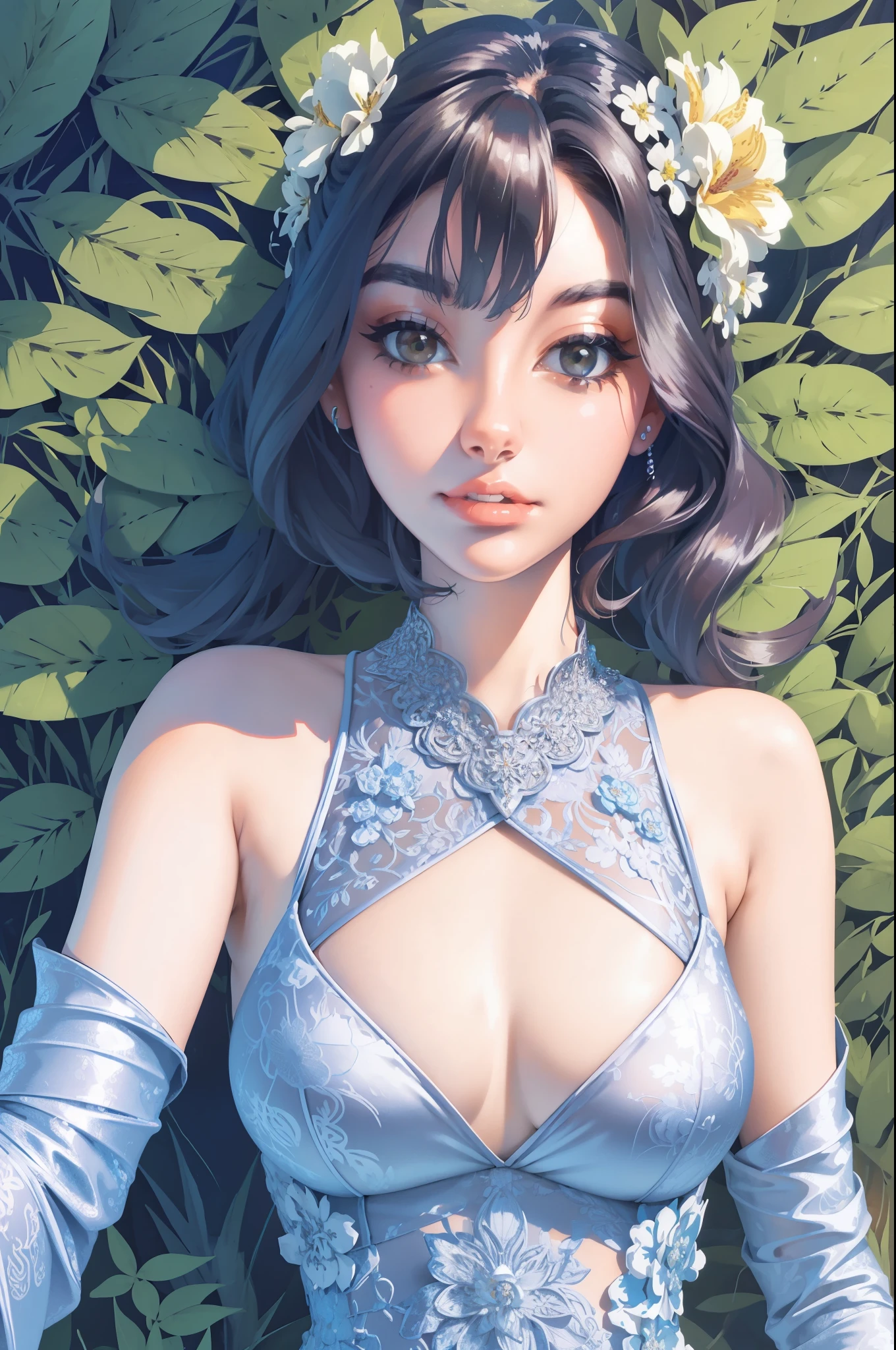 a woman in a black and white floral print swimsuit, a digital rendering inspired by Aurél Bernáth, trending on cg society, art nouveau, intricate fantasy dress, tube-top dress, an intricate dress, detached sleeves, elegant tropical prints, intricate details. front on, floral art nouveau dress, graphic print, floral art novuea dress