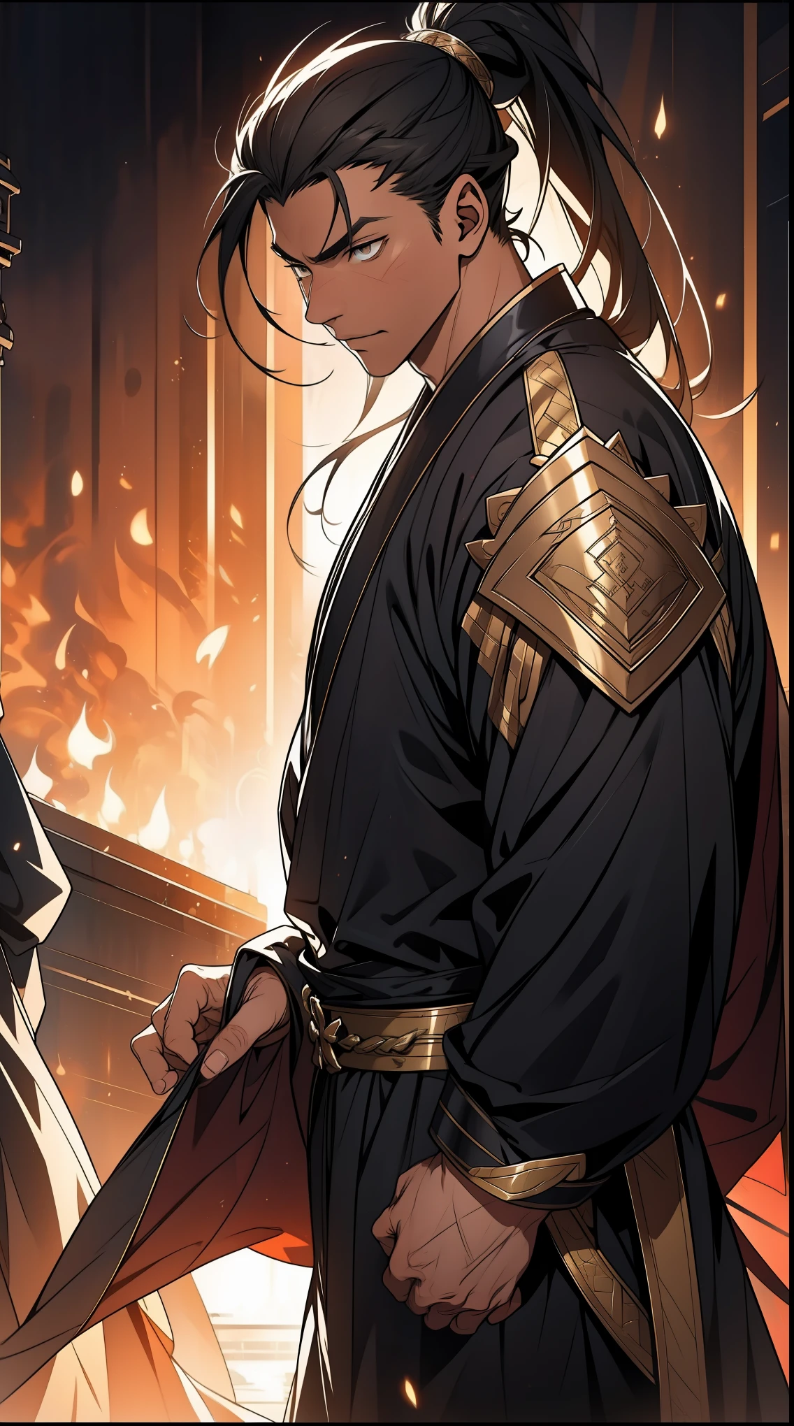 one person(male warrior),proportions are correct,facial details,swordsman,high ponytail hairstyle,neck detail,Have an Adam's apple,Black and gold robe,joke,Black and gold robe,clothing details,Hand over,long sleeves,Game quality,fencing,Ray tracing,Ray tracing,Detailed glow,CG rendering,hair details,Long black and blond hair,Black-gold eyes,Handsome,Handsome,(Youthful feeling),Costumes are complicated,Perfect composition,refine,high quality,higher details,many details,Complex background,a sense of atmosphere,