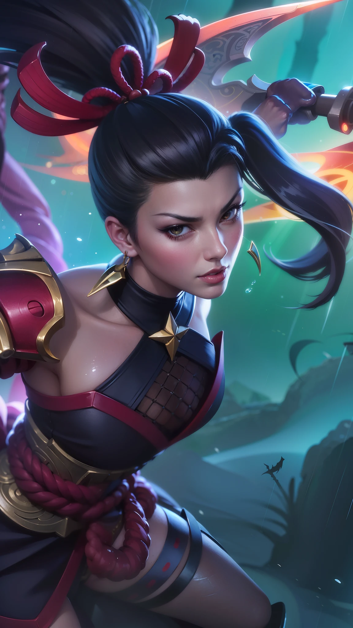 a close up of a woman in a red and black outfit holding a sword, extremely detailed artgerm, irelia, akali, official splash art, style artgerm, artgerm lau, ig model | artgerm, inspired by Ju Lian, range murata and artgerm, samira from league of legends, artgerm detailed