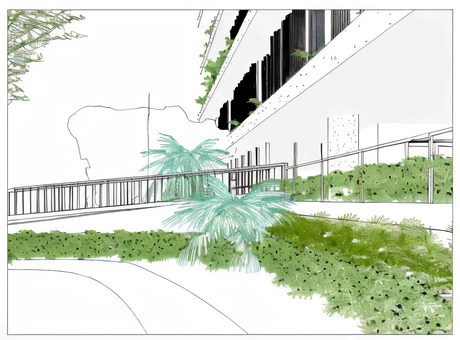 there is a drawing of a palm tree in a courtyard, green terrace, architectural illustration, isometric Perspective view, with vegetation, architectural visualization, empty buildings with vegetation, Perspective view, architectural rendering, architecture visualisation, lots of vegetation, architectural concept, conceptual, architectural renderinging, detailed digital illustration, plantas em varandas, arquitetura verde, digital rendering