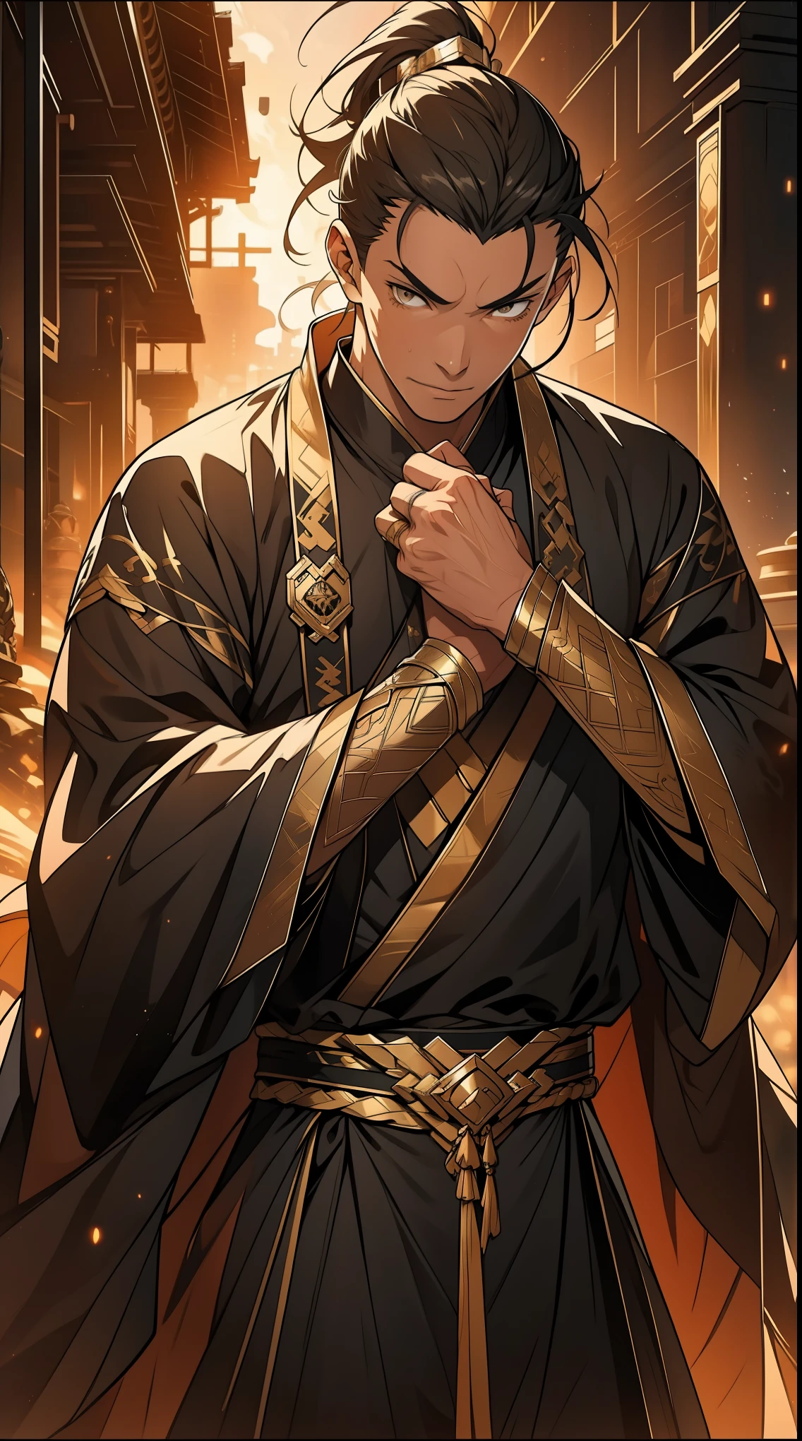 one person(male warrior),proportions are correct,facial details,swordsman,high ponytail hairstyle,neck detail,Have an Adam's apple,Black and gold robe,joke,Black and gold robe,clothing details,Hand over,long sleeves,Game quality,fencing,Ray tracing,Ray tracing,Detailed glow,CG rendering,hair details,Long black and blond hair,Black-gold eyes,Handsome,Handsome,(Youthful feeling),Costumes are complicated,Perfect composition,refine,high quality,higher details,many details,Complex background,a sense of atmosphere,