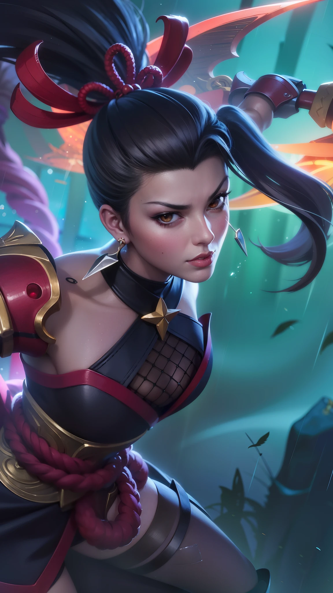 a close up of a woman in a red and black outfit holding a sword, extremely detailed artgerm, irelia, akali, official splash art, style artgerm, artgerm lau, ig model | artgerm, inspired by Ju Lian, range murata and artgerm, samira from league of legends, artgerm detailed