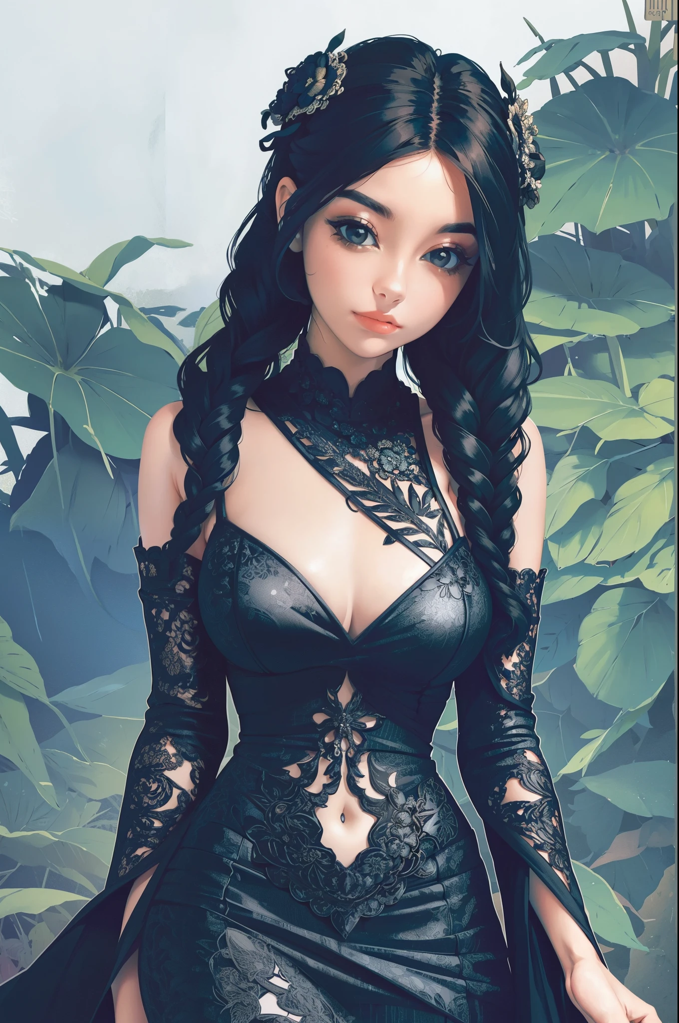 a woman in a black and white floral print swimsuit, a digital rendering inspired by Aurél Bernáth, trending on cg society, art nouveau, intricate fantasy dress, tube-top dress, an intricate dress, detached sleeves, elegant tropical prints, intricate details. front on, floral art nouveau dress, graphic print, floral art novuea dress