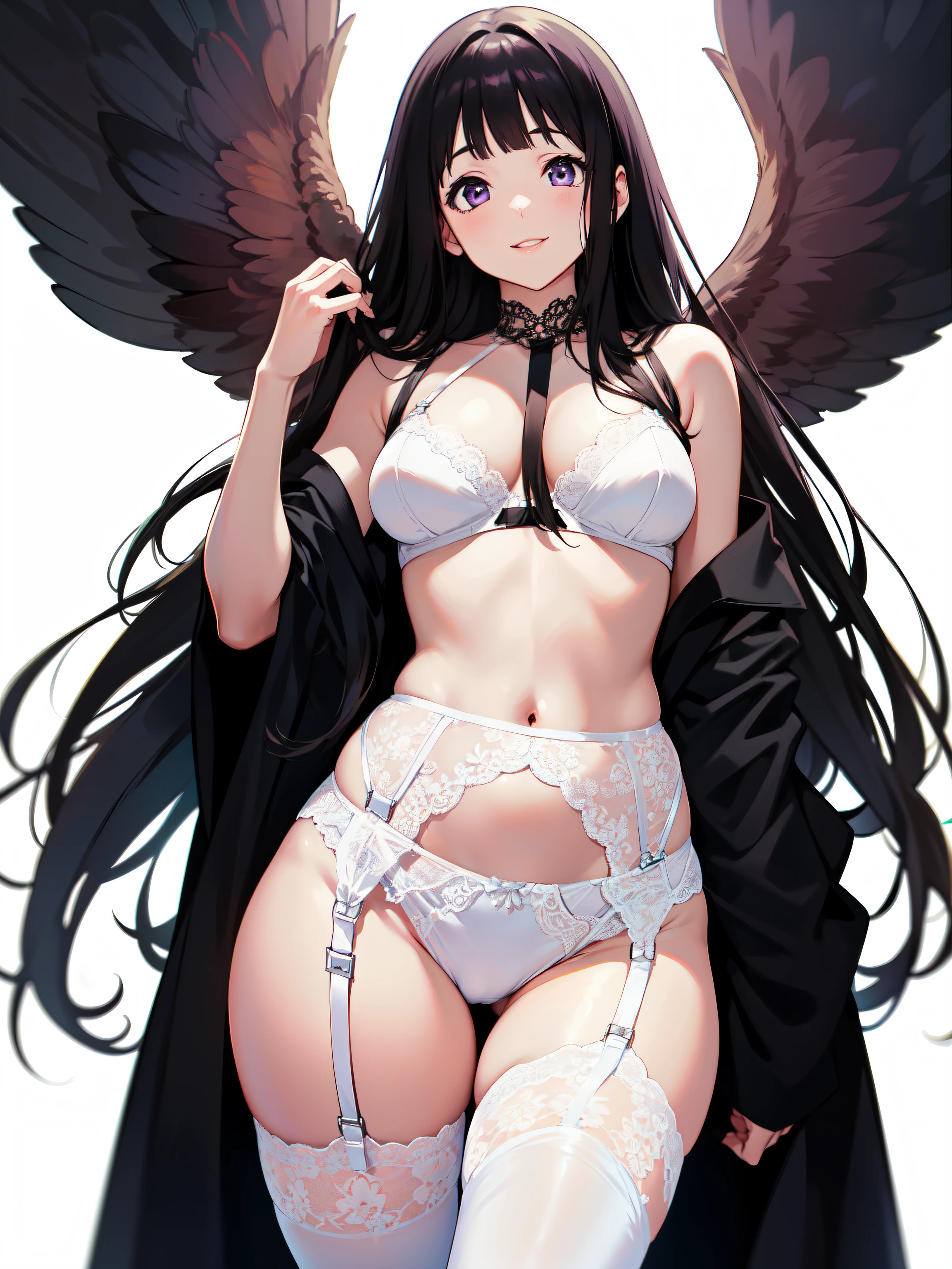 (A superb exquisite Chitanda Eru), (mature face), intricate details, (finely detailed beautiful eyes: 1.2), purple eyes, long black hair, natural straight hair, straight bangs, solo, [Small_breasts: large_breasts: 0.5], normal breasts, extremely delicate, peerless beautiful girl, dreamy quality, exaggerated facial features, solid color, delicate face, bright lips, slender waist, straight curves, soft lights and shadows, super fine, 8K, HD, (masterpiece:1.4), (((lingerie, timid smile, garter belt, white background)))