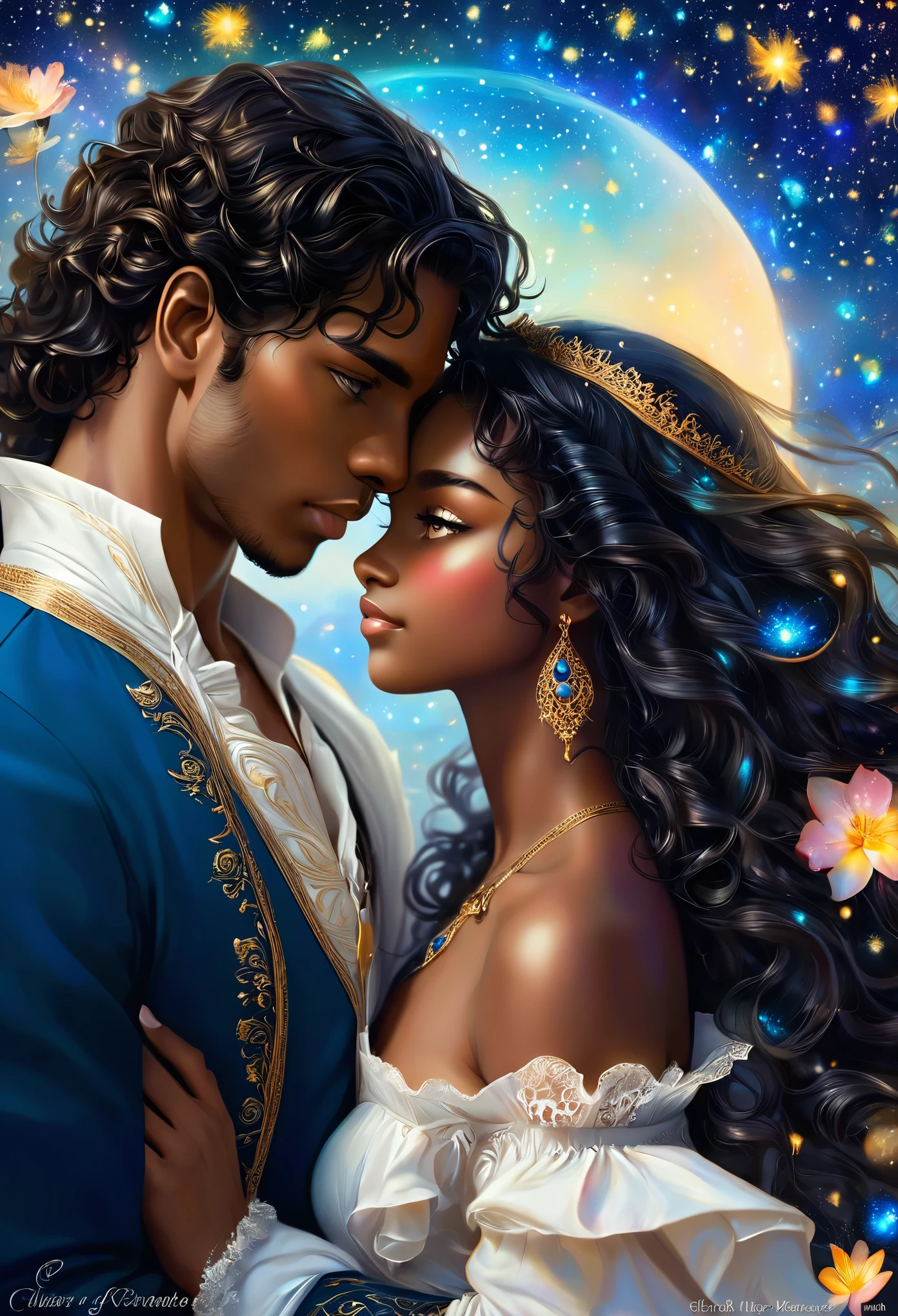 Novel in a celestial landscape, le titre est Another chance, jeune couple (((darkskin))) amoureux de 25 ans qui se fait un calin, dans un bureau, elle est une nymphe céleste noire de peau avec des cheveux noirs courts, he is a young crowned imperial prince with dark skin and long curly hair, il a les yeux bleu, elle a les yeux gris, couple torride, visage très fins, colored eyes, (((beautiful))), visages parfaits, corps entier, Romantic scene, Voie romantique