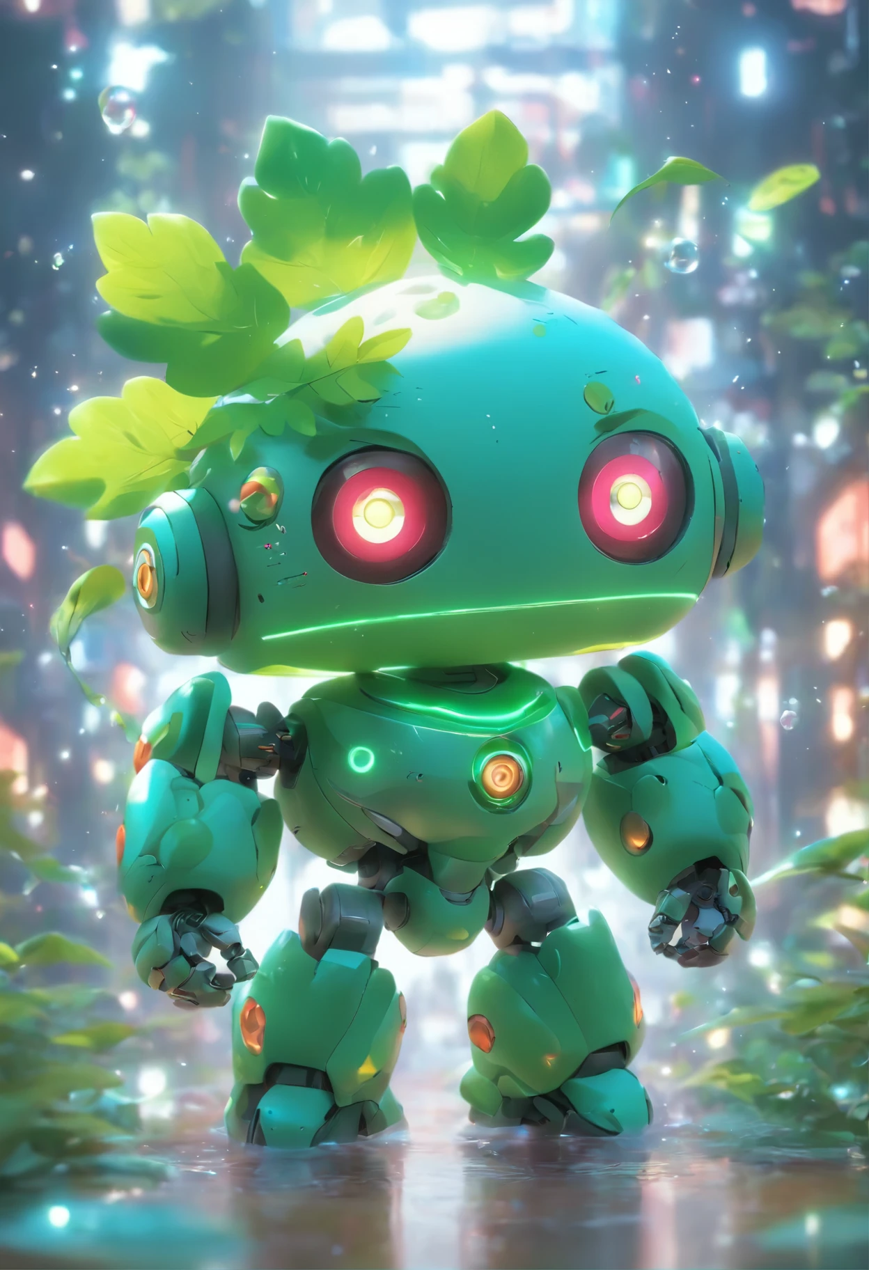 model,a super cute robot wearing a Leaf hat., tech elements, super cute ip bubble matt style, blind box toy, oc rendering, best quality, 4k, ,ultra-detailed, pop market toys, studio lighting, standing posture, fun character setting -ar 3:4 - niji 5